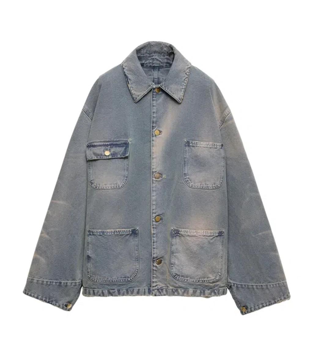 PRADA Distressed Denim Blouson Jacket In Gray Product Image