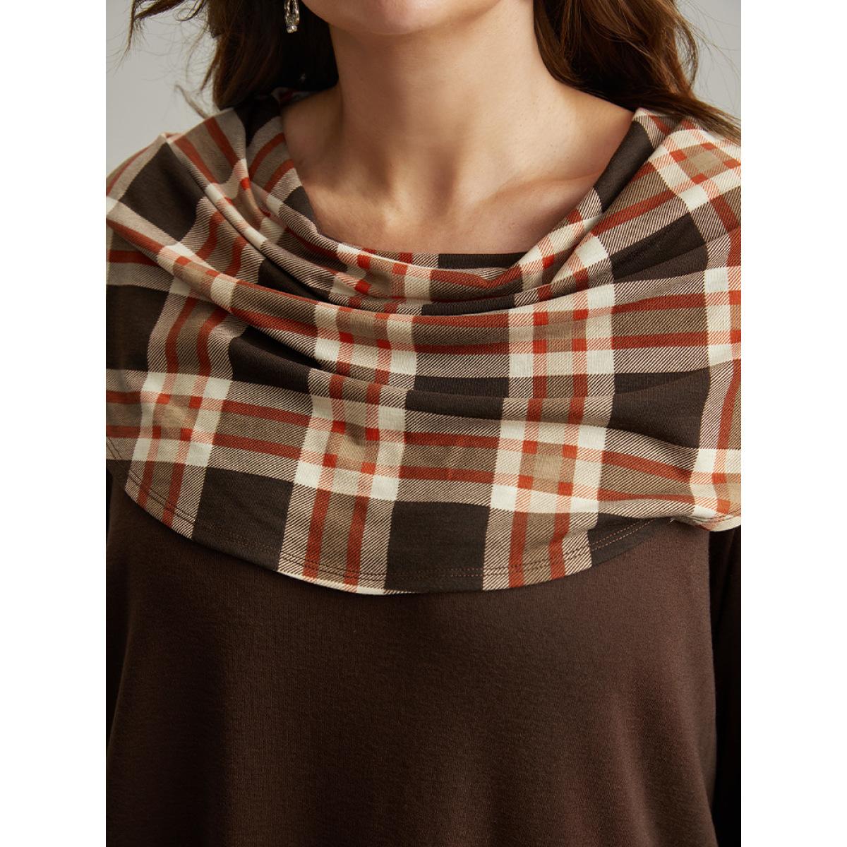 Plus Size Halloween Plaid Patchwork Cowl Neck T-shirt DarkBrown Women Casual Elastic cuffs Plaid Cowl Neck Festival-Halloween T-shirts BloomChic 18-20/2X Product Image