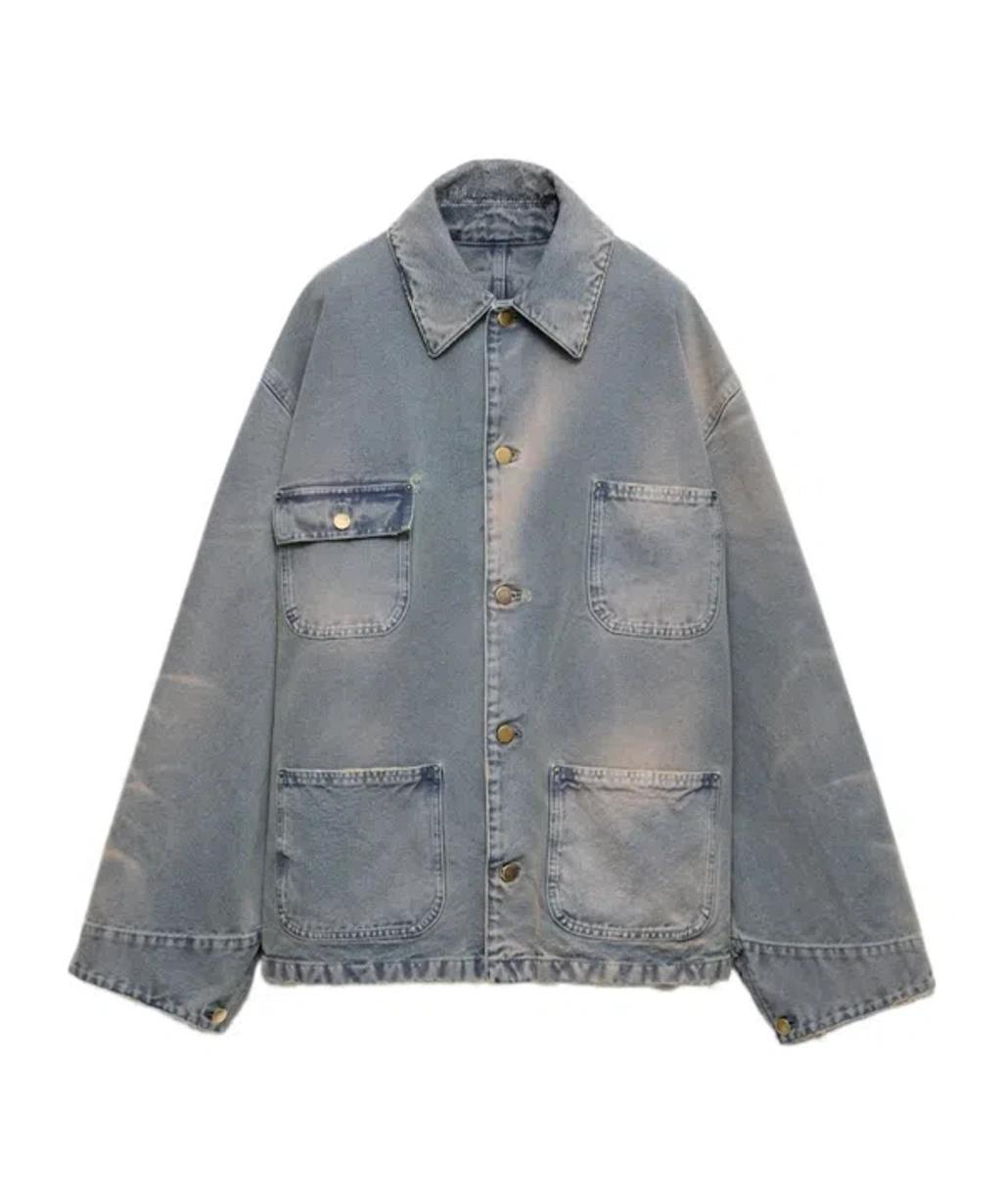 PRADA Distressed Denim Blouson Jacket In Gray Product Image