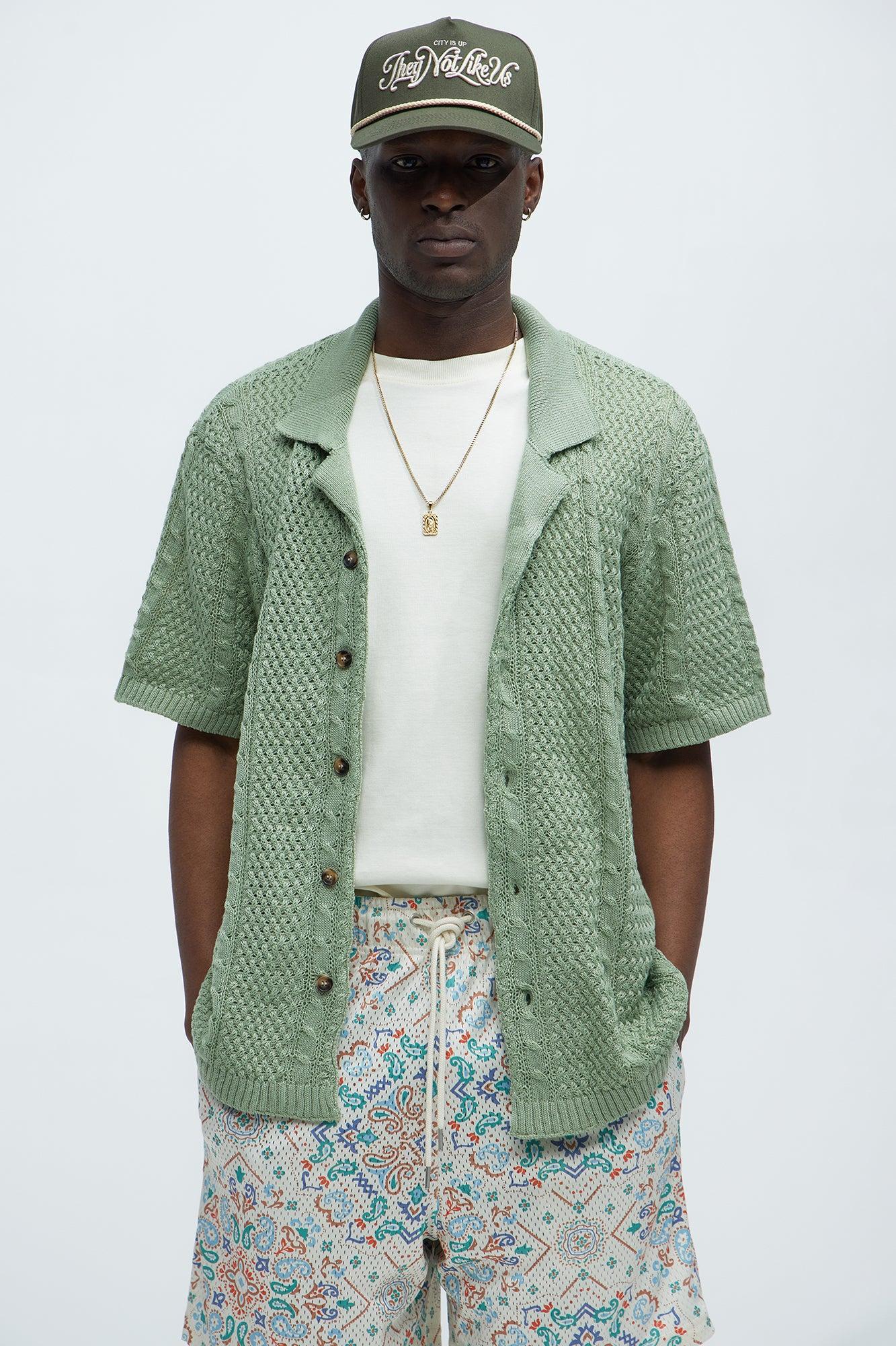 Unwind Cable Knit Short Sleeve Button Up - Sage Product Image