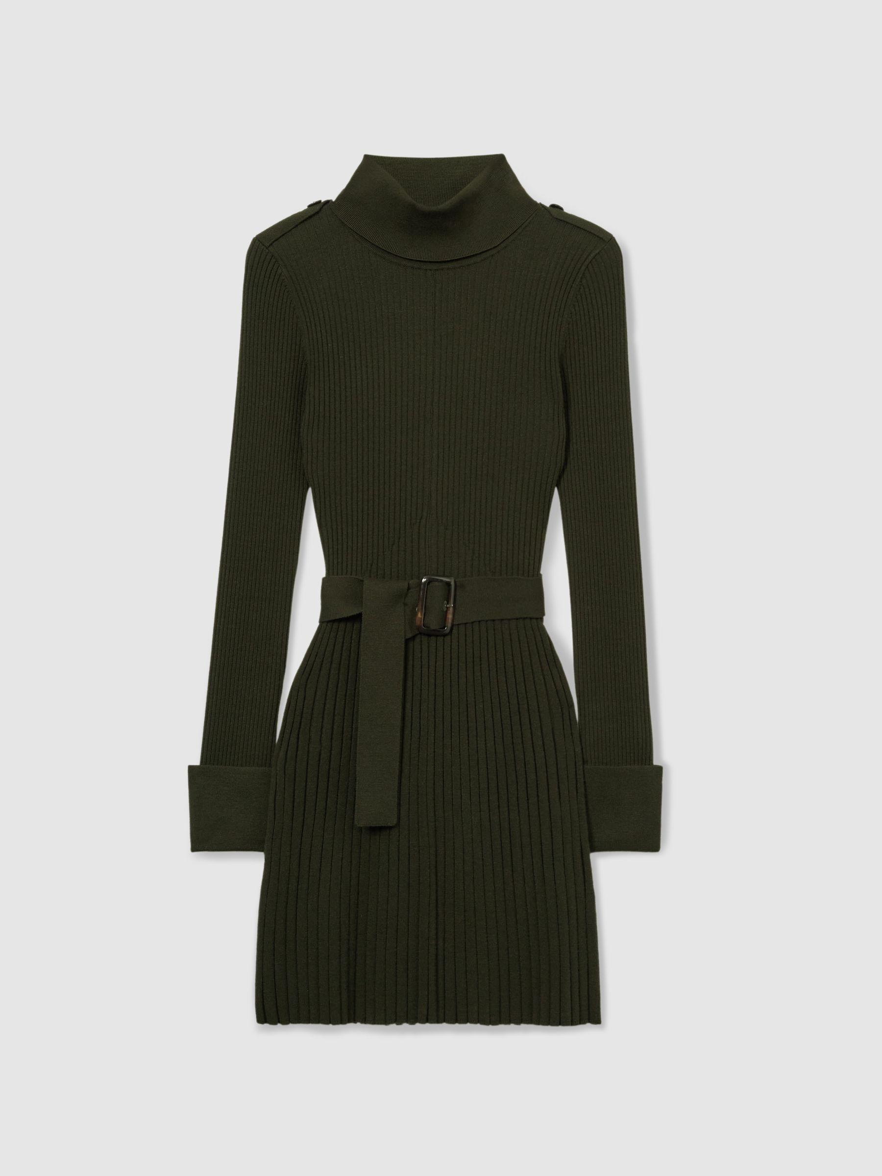 Roll-Neck Ribbed Mini Dress in Khaki Product Image