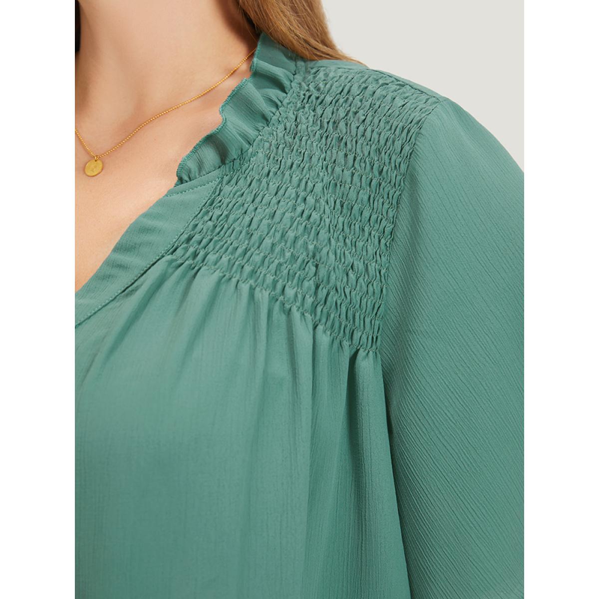 Plus Size Aegean Plain Shirred Button Through Frill Trim Stand Collar Blouse Women Elegant Short sleeve V-neck Dailywear Blouses BloomChic 12/L Product Image