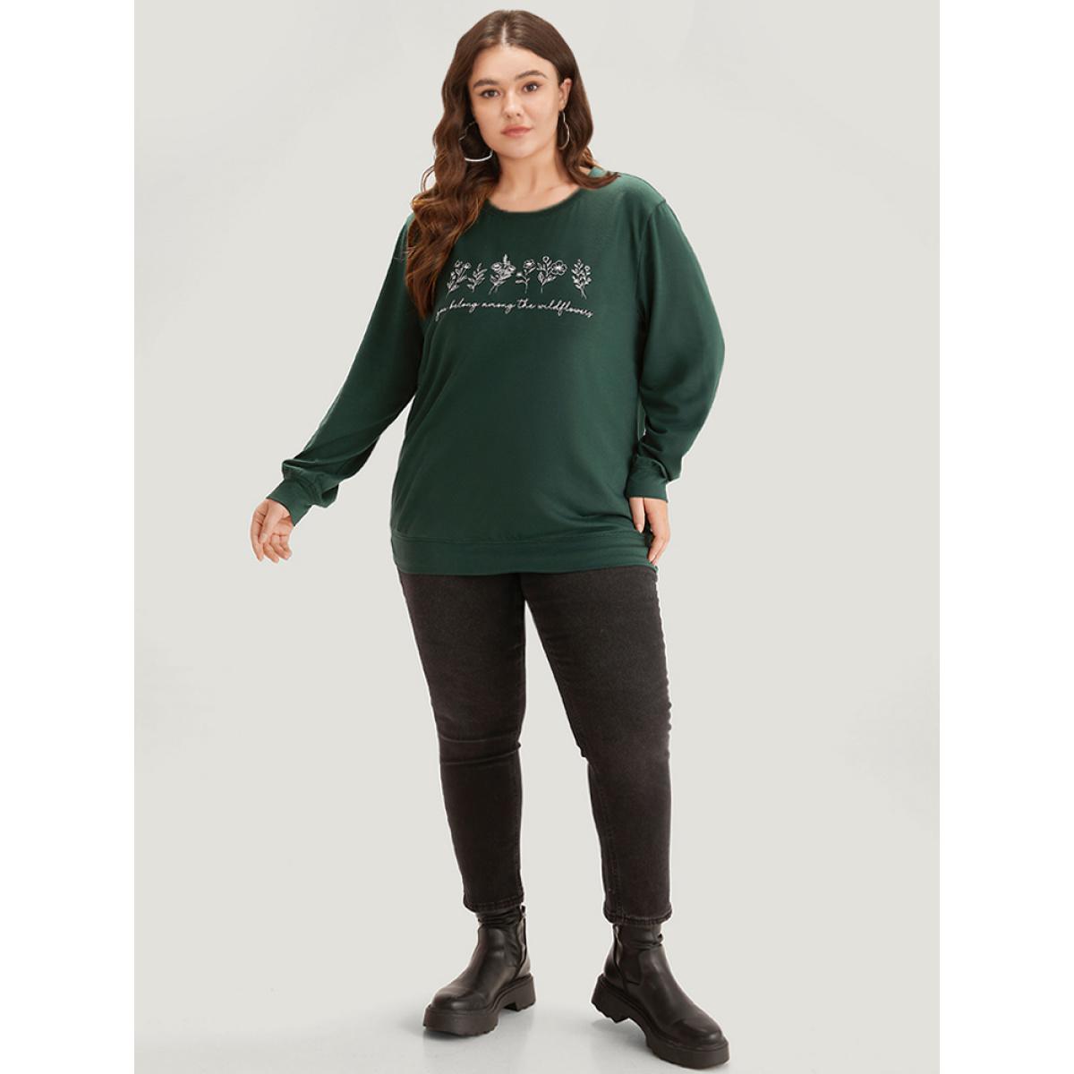 Plus Size Floral Print Elastic Cuffs Round Neck Sweatshirt Women Cyan Casual Elastic cuffs Dailywear Sweatshirts BloomChic 22-24/3X Product Image