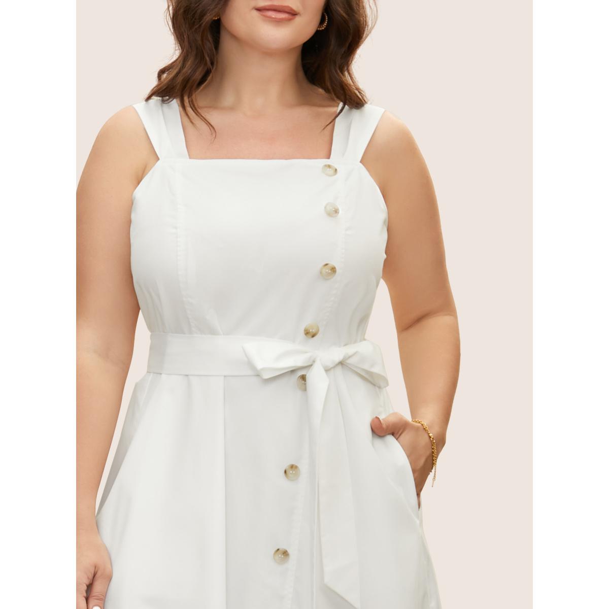 Plus Size Square Neck Button Detail Split Hem Dress Originalwhite Women At the Office Belted Non Sleeveless Curvy BloomChic 22-24/3X Product Image
