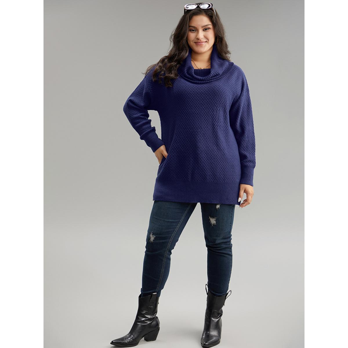 Plus Size Solid Turtle Neck Split Side Pullover DarkBlue Women Casual Loose Long Sleeve Turtleneck Everyday Pullovers BloomChic 12/L Product Image