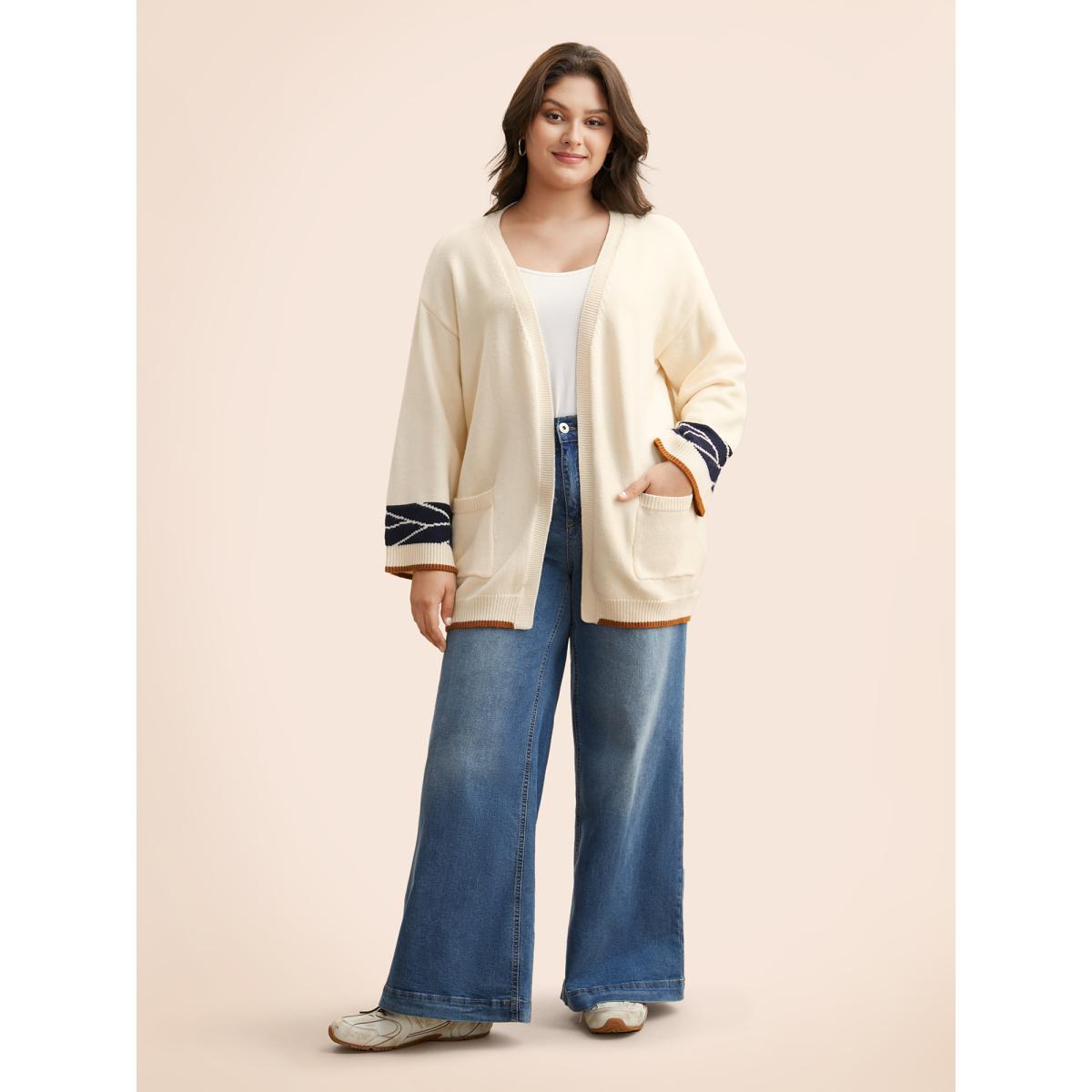 Plus Size Supersoft Essentials Contrast Jacquard Cardigan Beige Women Casual Loose Long Sleeve Everyday Cardigans BloomChic 26/4X Product Image