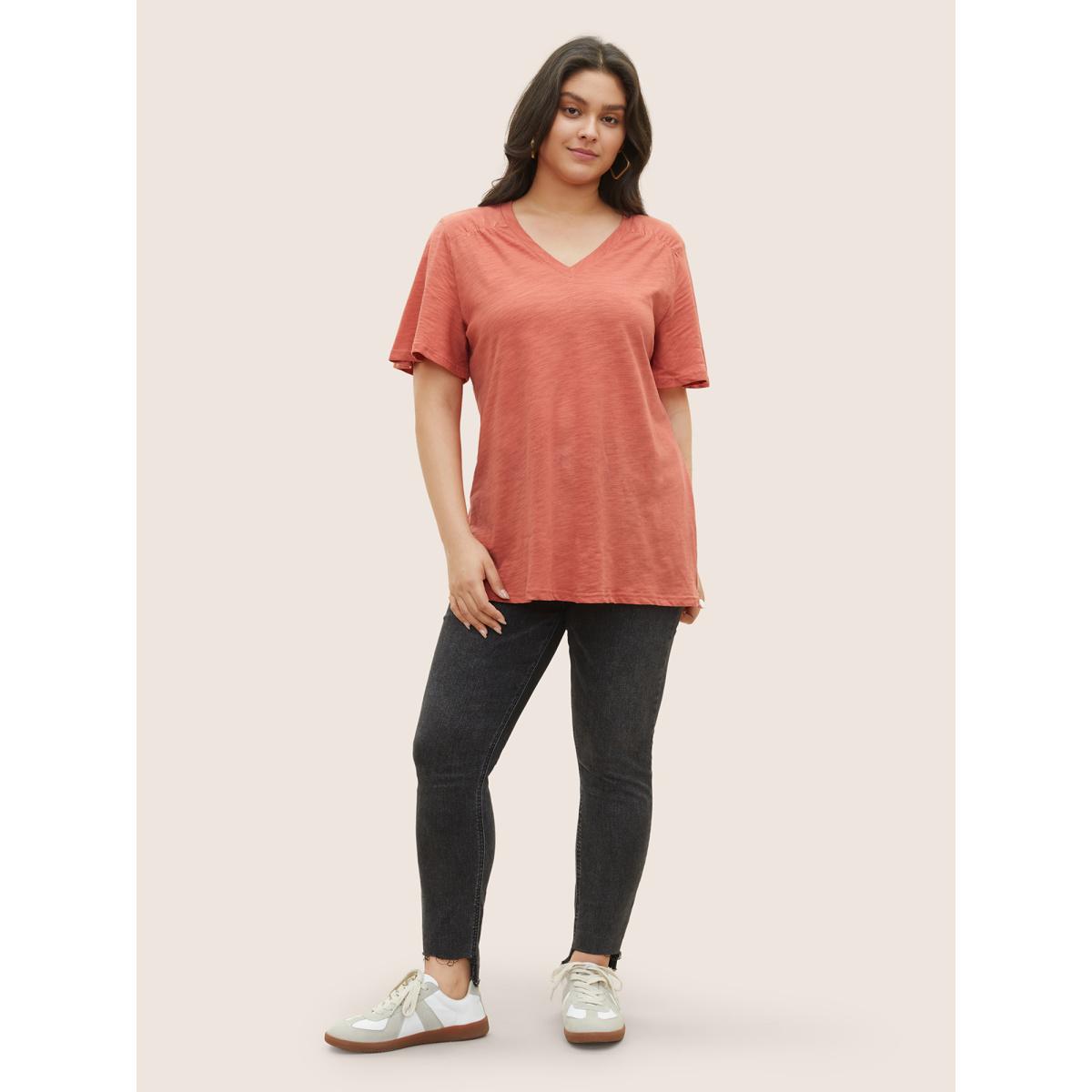 Plus Size Plain Ruffle Sleeve Heather V Neck T-shirt Rust Women Casual Plain V-neck Everyday T-shirts BloomChic 26/4X Product Image