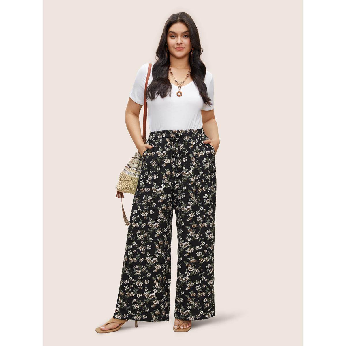 Plus Size Ditsy Floral Ties Split Hem Wide Leg Pants Women BlackFlower Boho Wide Leg High Rise Vacation Pants BloomChic 26/4X Product Image
