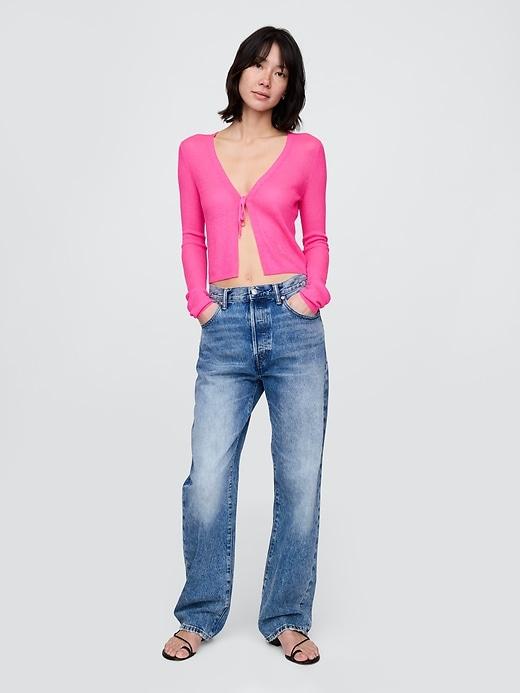 Sheer Rib Tie-Front Crop Cardigan Sweater Product Image