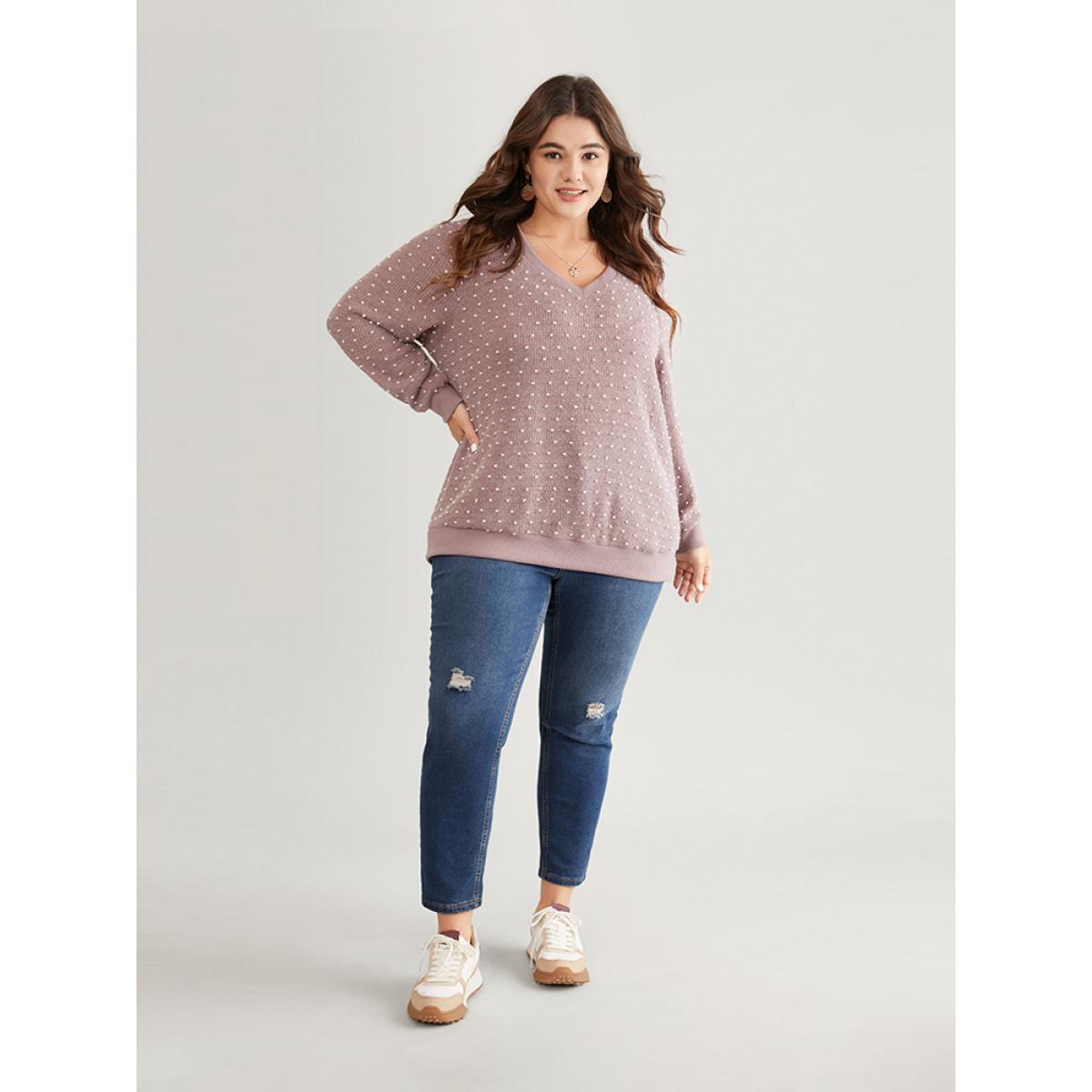 Plus Size Polka Dot Textured V Neck Rib Knit Sweatshirt Women Mauve Casual Rib Knit V-neck Dailywear Sweatshirts BloomChic 22-24/3X Product Image