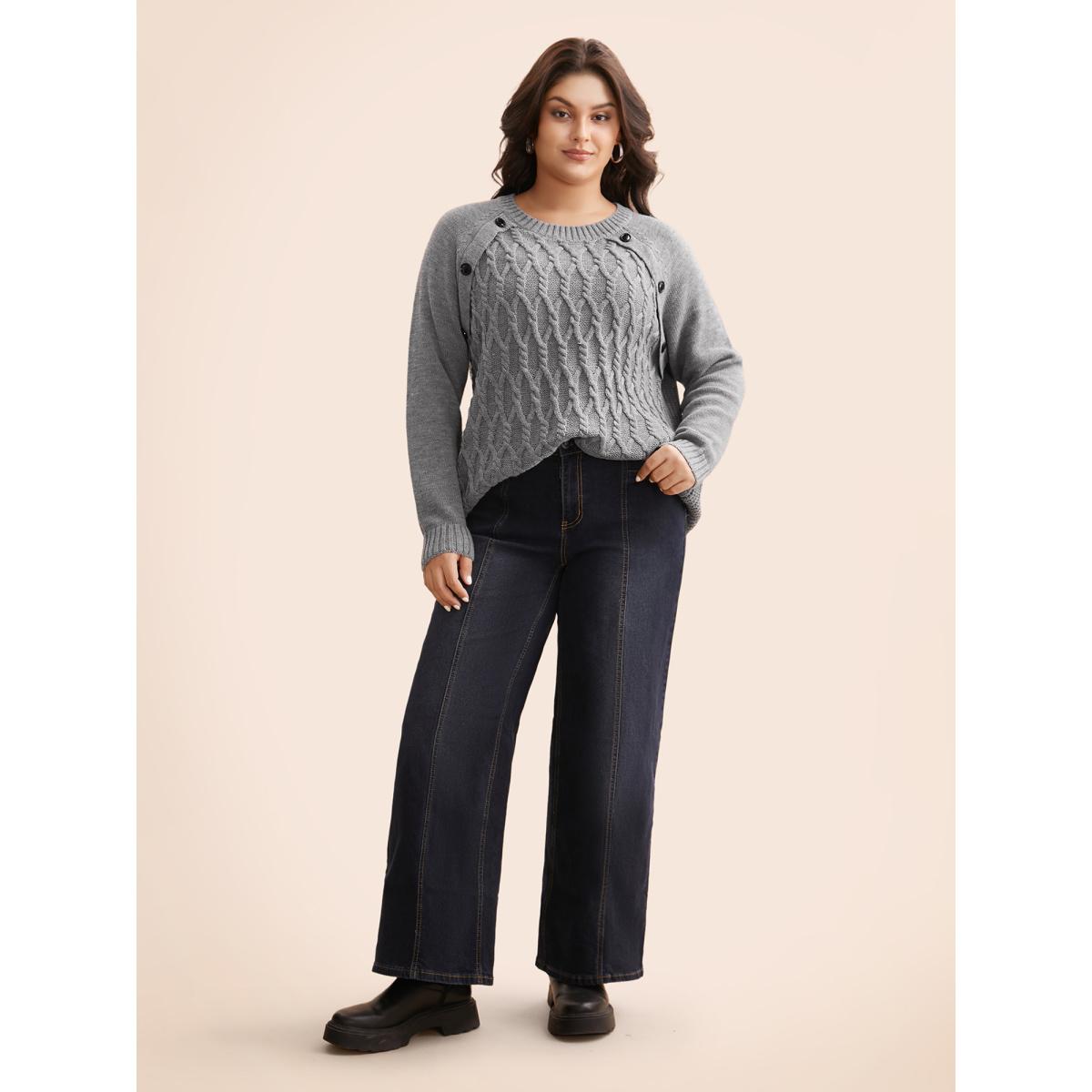 Plus Size Texture Cable Knit Button Detail Pullover Mediumgray Women Casual Loose Long Sleeve Round Neck Everyday Pullovers BloomChic 18-20/2X Product Image