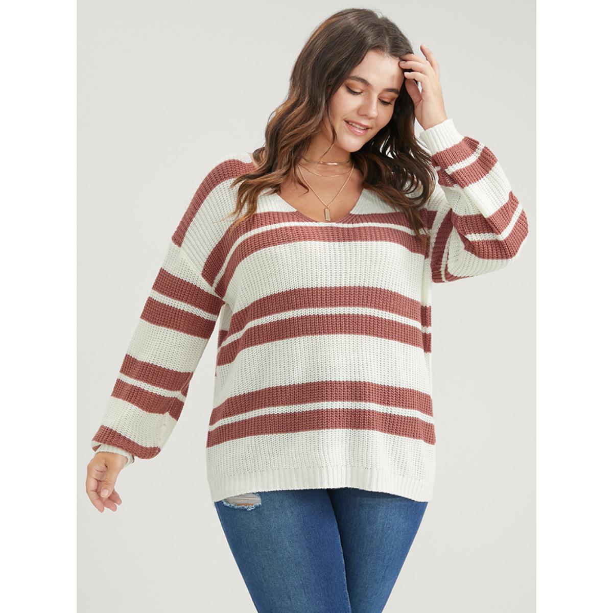 Plus Size Striped Contrast Pointelle Knit Lantern Sleeve Knit Top White Women Casual Loose Long Sleeve V-neck Dailywear Pullovers BloomChic 30/6X Product Image