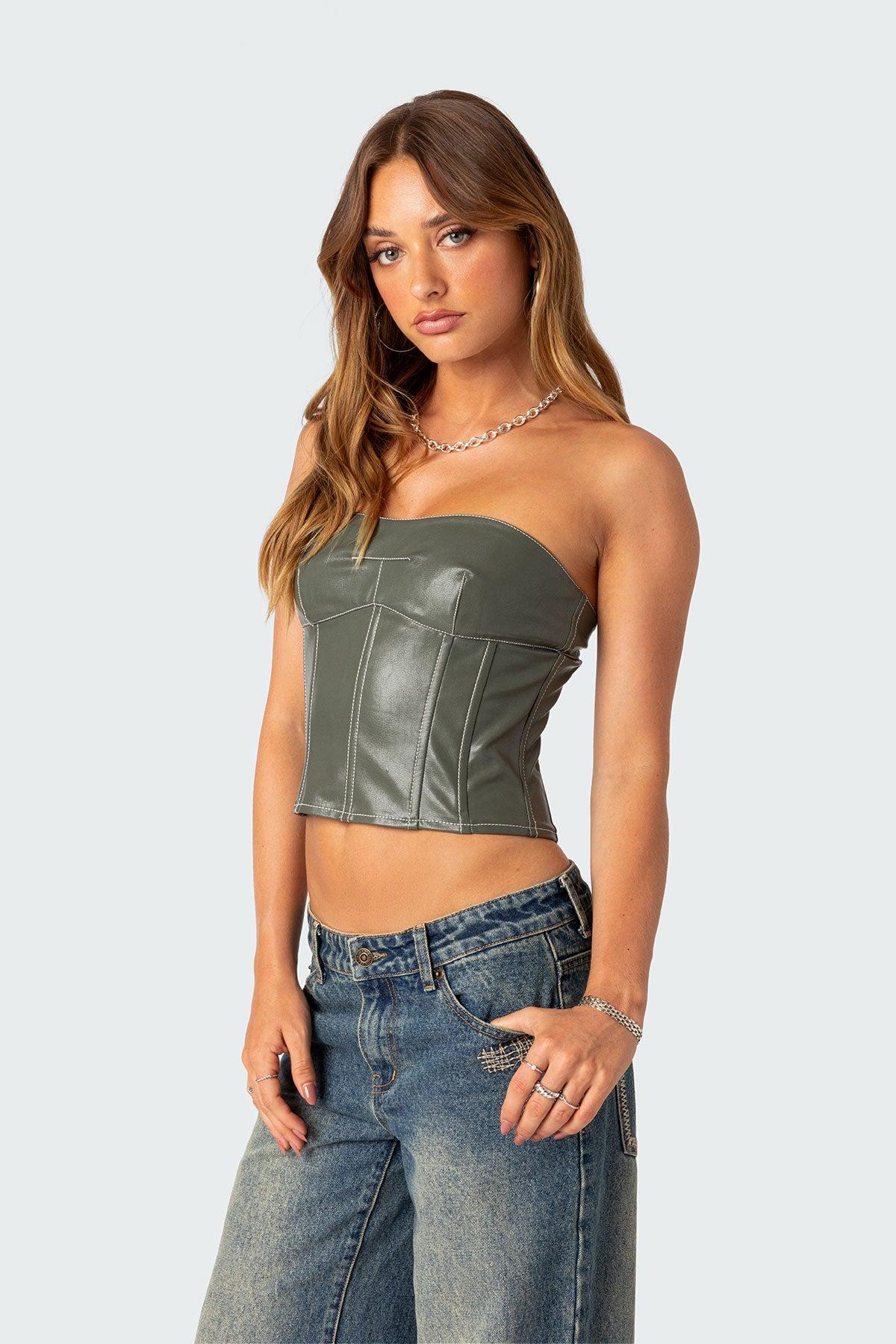 Moss Faux Leather Lace Up Corset Product Image
