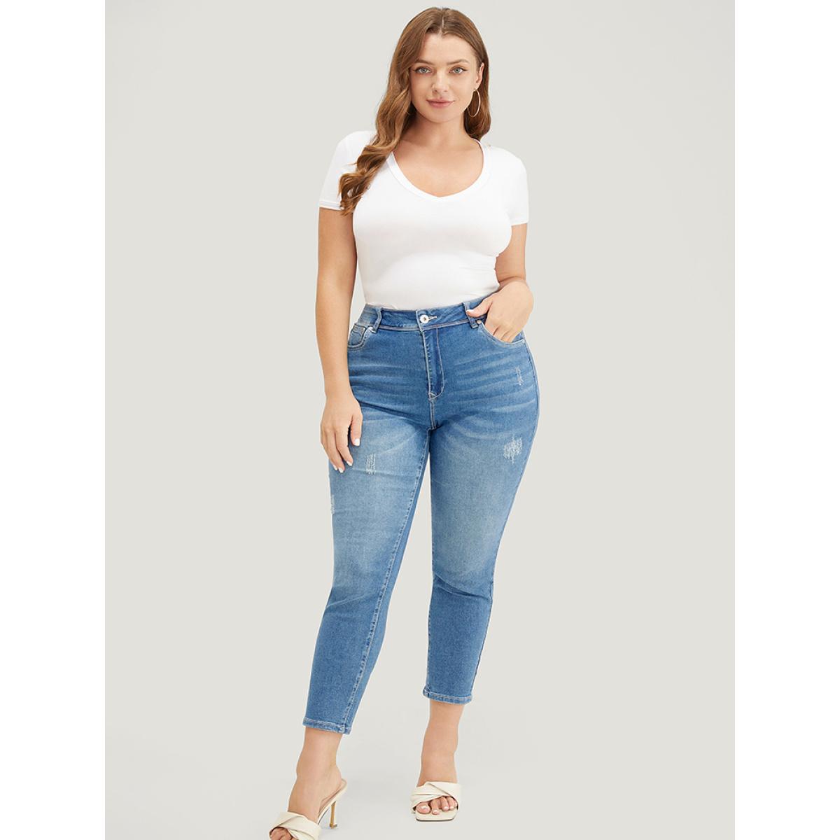 Plus Size Moderately Stretchy High Rise Dark Wash Cropped Jeans Women DarkBlue Casual Plain Medium stretch Side seam pocket Jeans BloomChic 20/2X Product Image