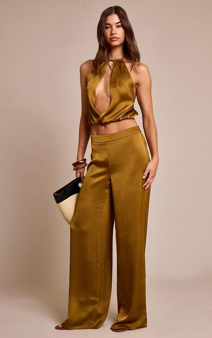 Dark Chartreuse Crinkle Satin High Neck Plunge Cowl Sleeveless Top Product Image