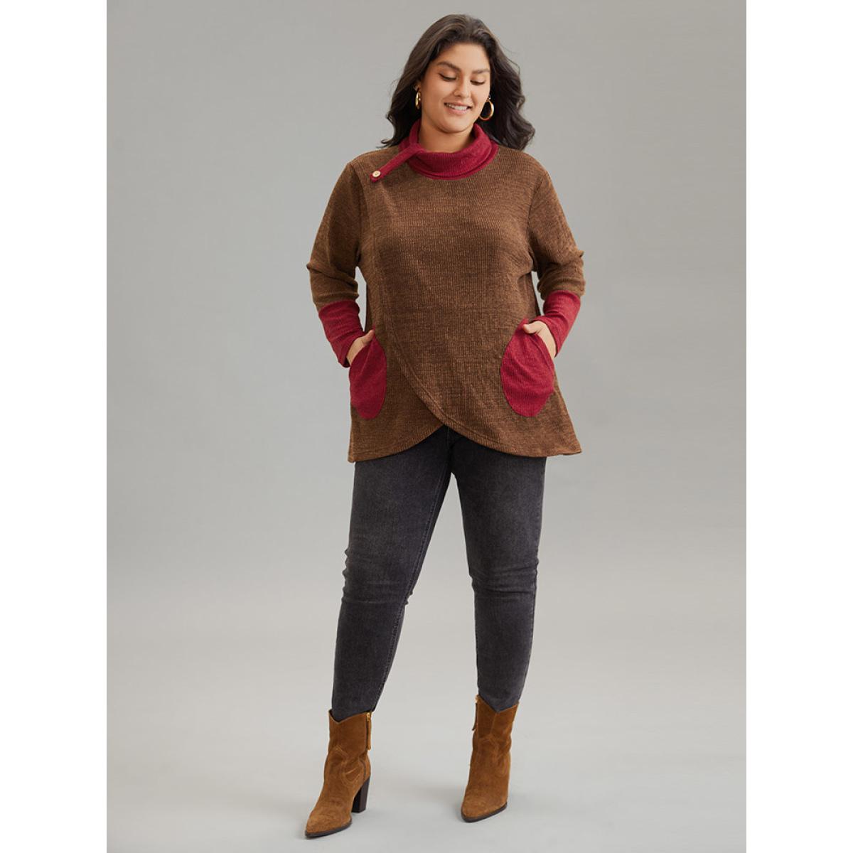 Plus Size Rib Knit Contrast Funnel Neck Patched Pocket Sweatshirt Women DarkBrown Casual Rib Knit Turtleneck Dailywear Sweatshirts BloomChic 12/L Product Image