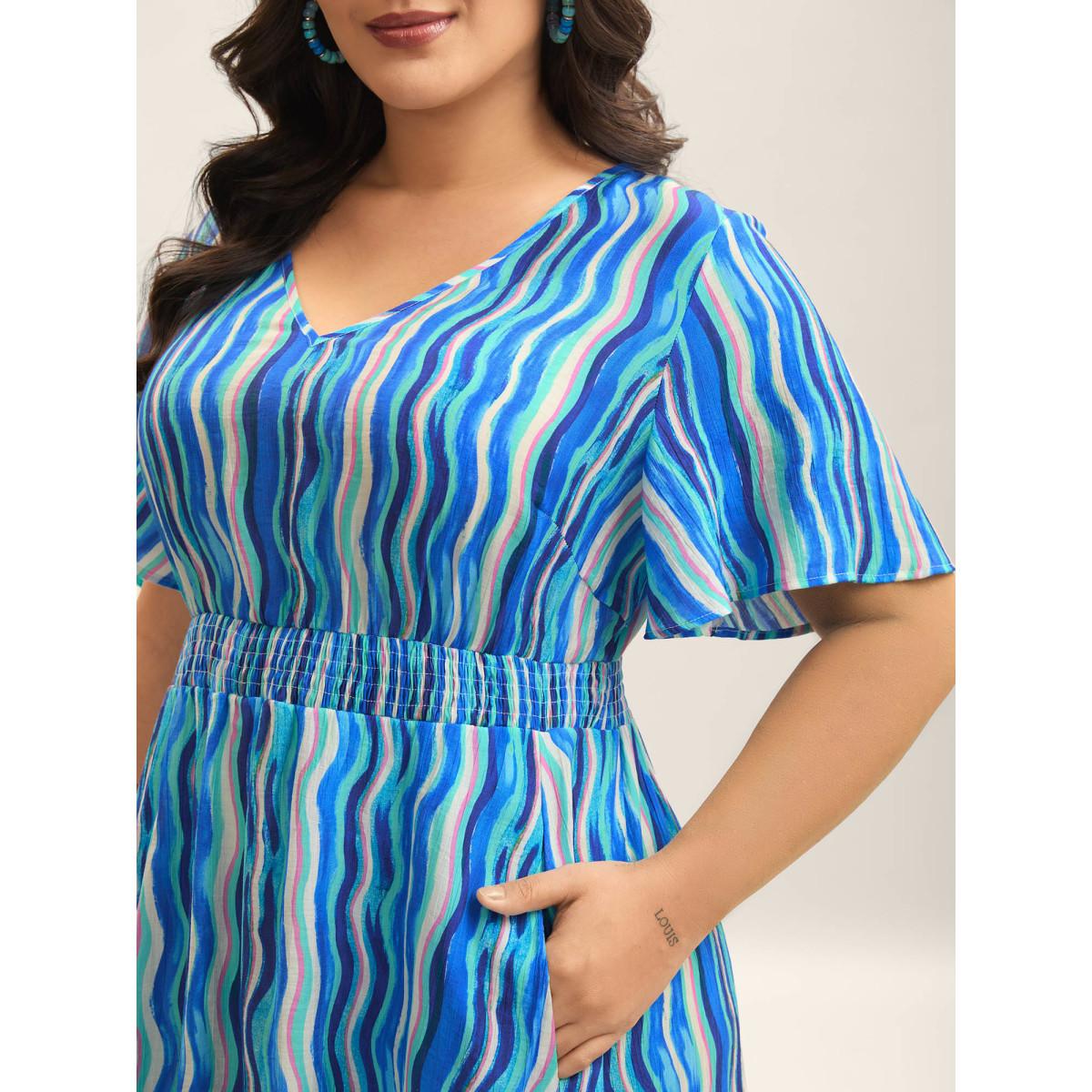 Plus Size Nautical Waves Shirred Waist Midi Dress Cerulean Women V-neck Short sleeve Curvy BloomChic 30/6X Product Image