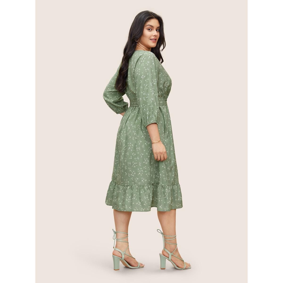 Plus Size Ditsy Floral Belted Surplice Neck Gathered Dress Mint Women Elegant Non Overlap Collar Elbow-length sleeve Curvy Midi Dress BloomChic 14-16/1X Product Image
