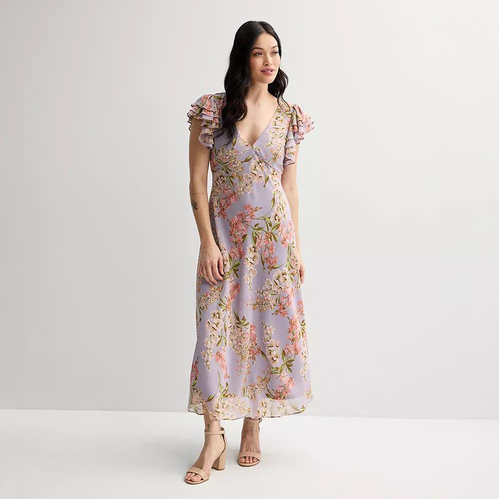 Women's Taylor V-Neck Flutter Sleeve Dress, Size: 8, Purple Floral Product Image