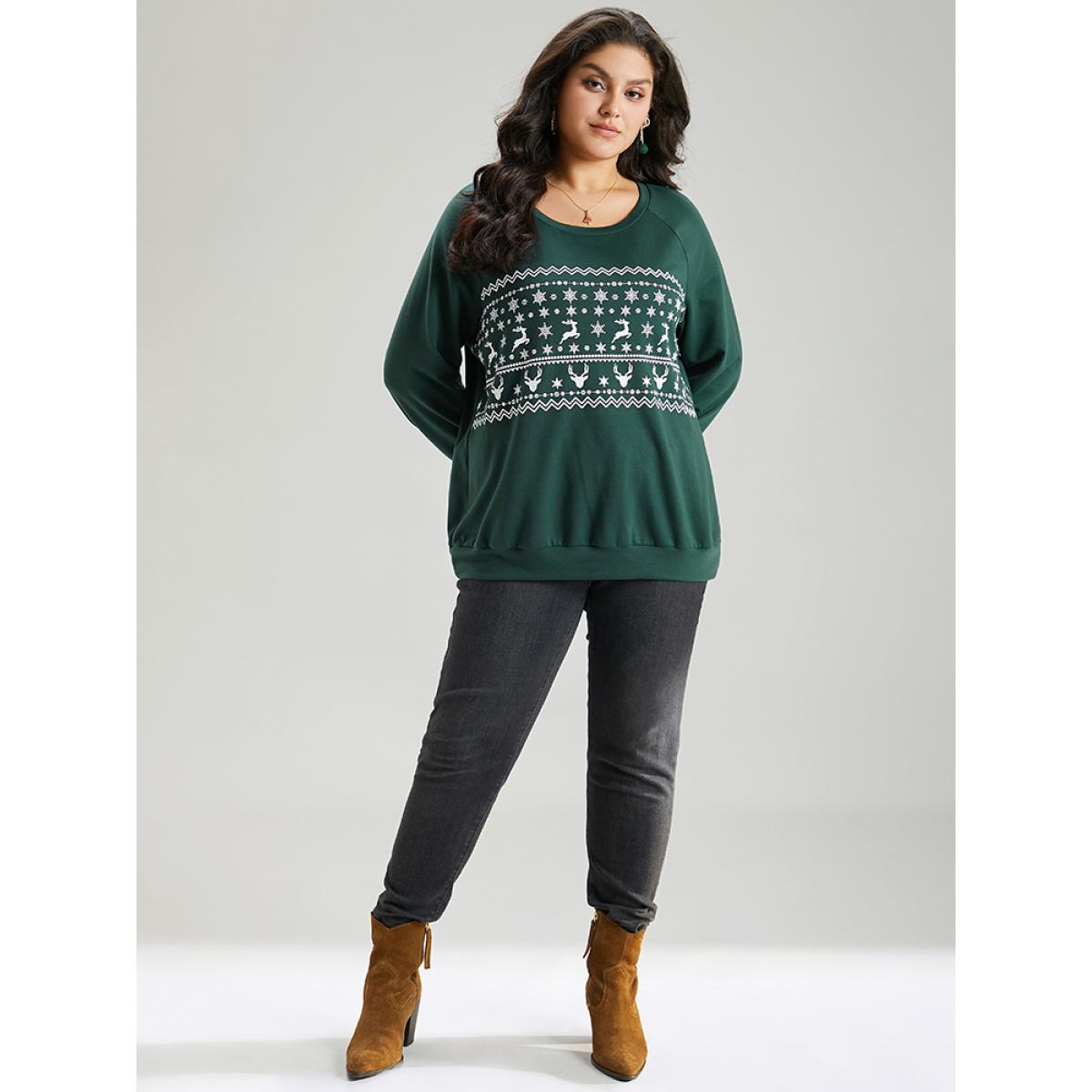 Plus Size Christmas Elk Crew Neck Raglan Sleeve Sweatshirt Women DarkGreen Casual Printed Round Neck Festival-Christmas Sweatshirts BloomChic 30/6X Product Image
