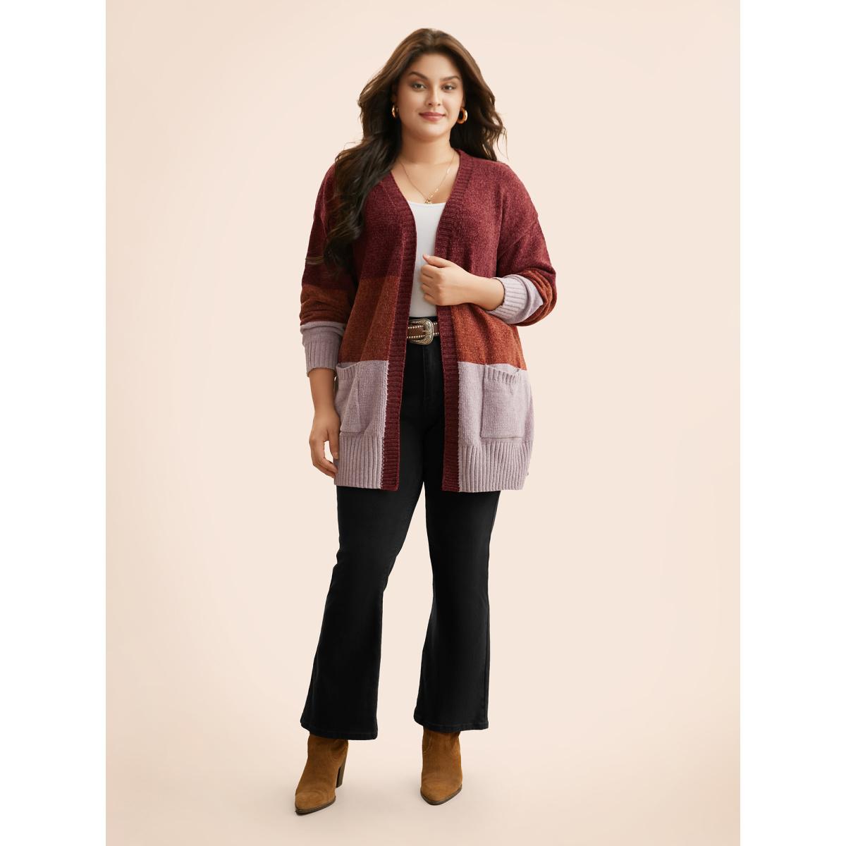 Plus Size Colorblock Contrast Patch Pocket Cardigan Yellowishbrown Women Leisure Loose Long Sleeve Casual Cardigans BloomChic 12/L Product Image