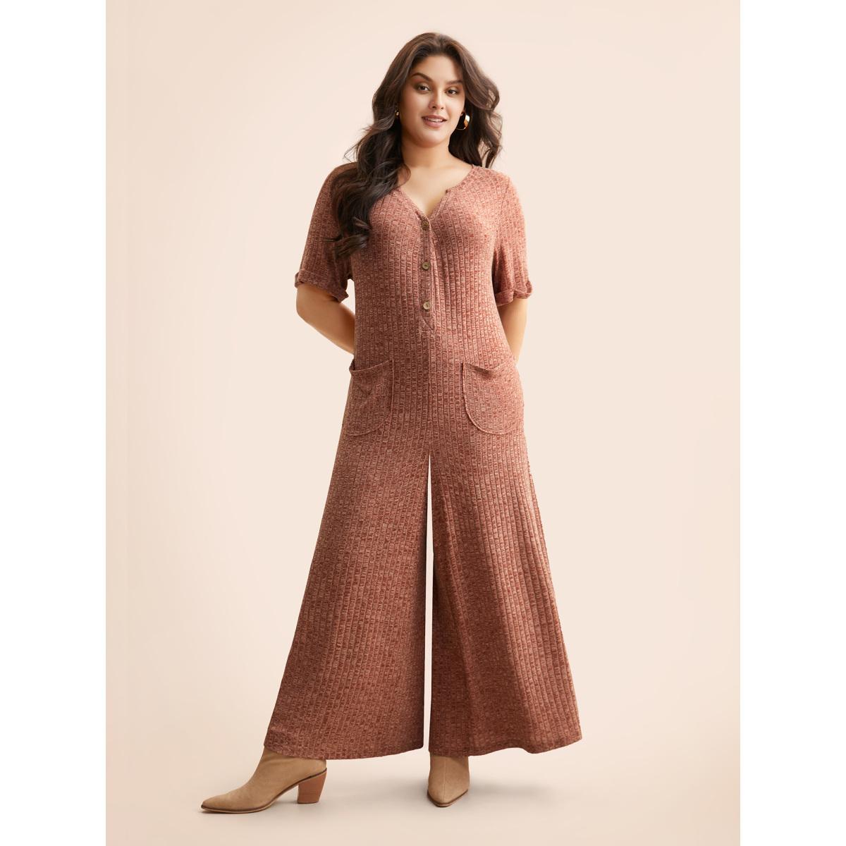 Plus Size Burgundy Texture Button Up Patch Pocket Jumpsuit Women Casual Half Sleeve Flat collar with V-notch Everyday Loose Jumpsuits BloomChic 22-24/3X Product Image