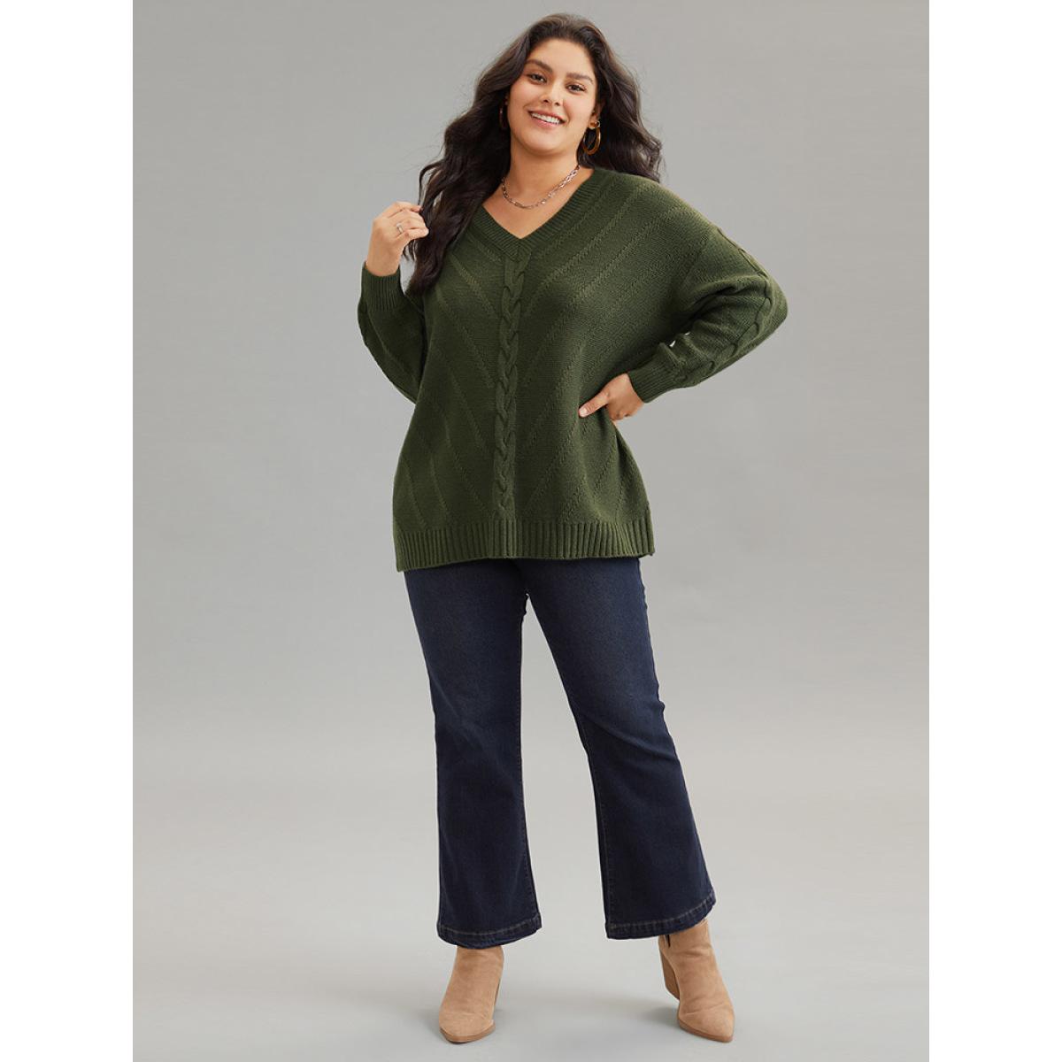 Plus Size Cable Knit Plisse Moderately Stretchy Pullover ArmyGreen Women Casual Loose Long Sleeve V-neck Dailywear Pullovers BloomChic 12/L Product Image