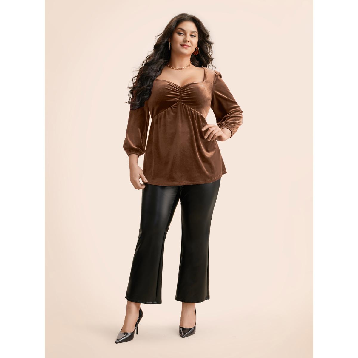 Plus Size Mauve Velvet Heart Neckline Gathered Blouse Women Timeless Three Quarter Length Sleeve Heart neckline Elegant Blouses BloomChic 10/M Product Image