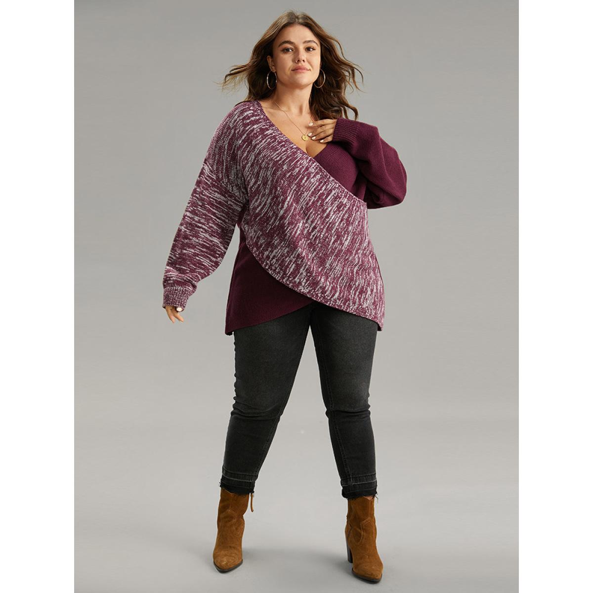 Plus Size Heather Contrast Crossover Patchwork Pullover Burgundy Women Casual Loose Long Sleeve V-neck Dailywear Pullovers BloomChic 14-16/1X Product Image