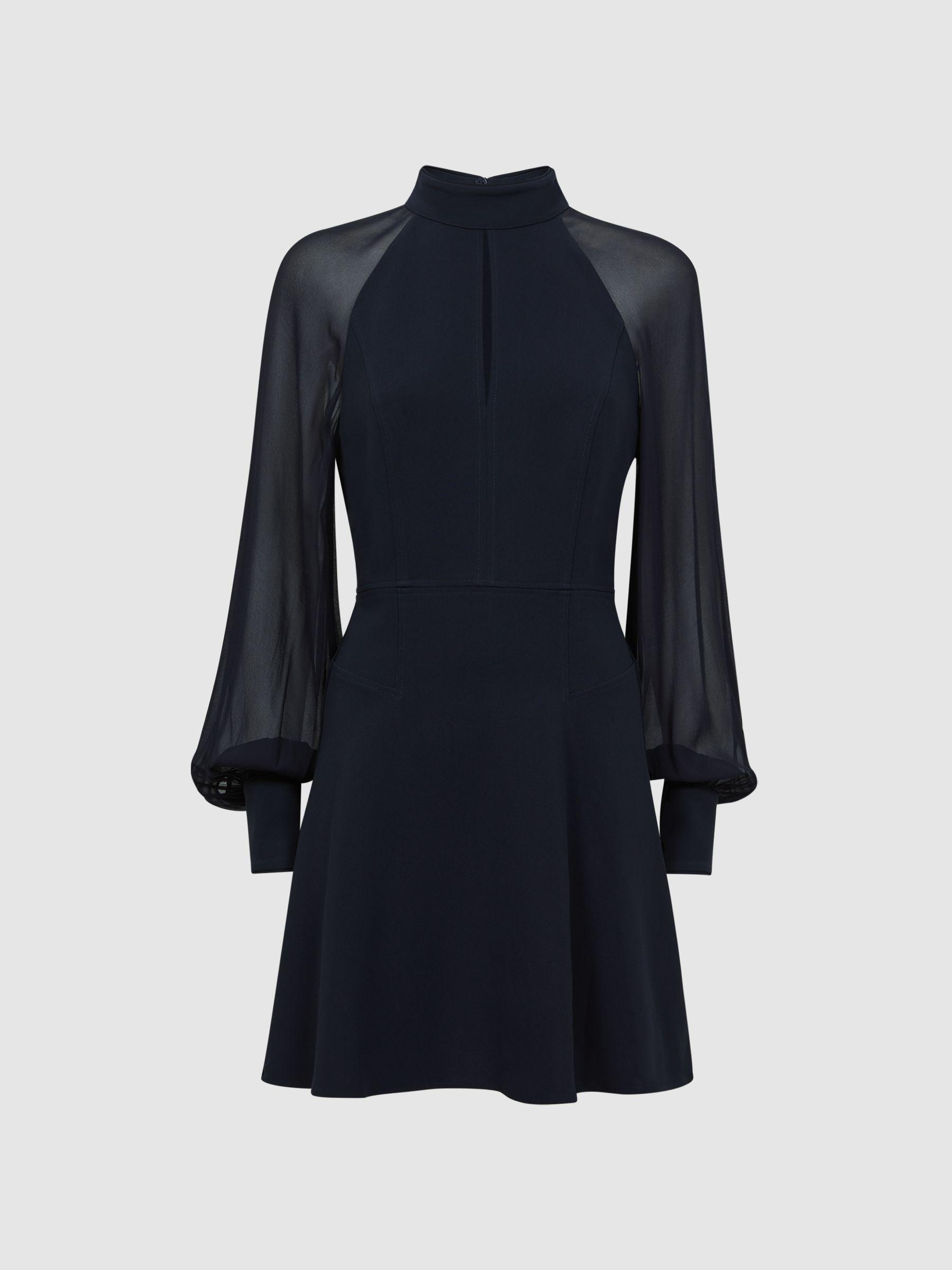 Sheer Blouson Sleeve Mini Dress in Navy Product Image