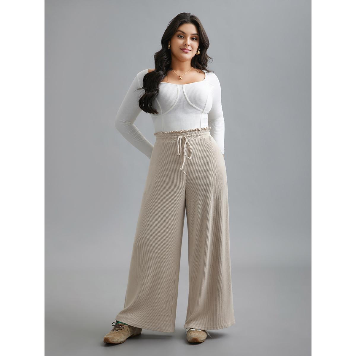 Plus Size Solid Drawstring Fit Stretch Pants Women Apricot Casual Wide Leg Mid Rise Everyday Pants BloomChic 12/L Product Image