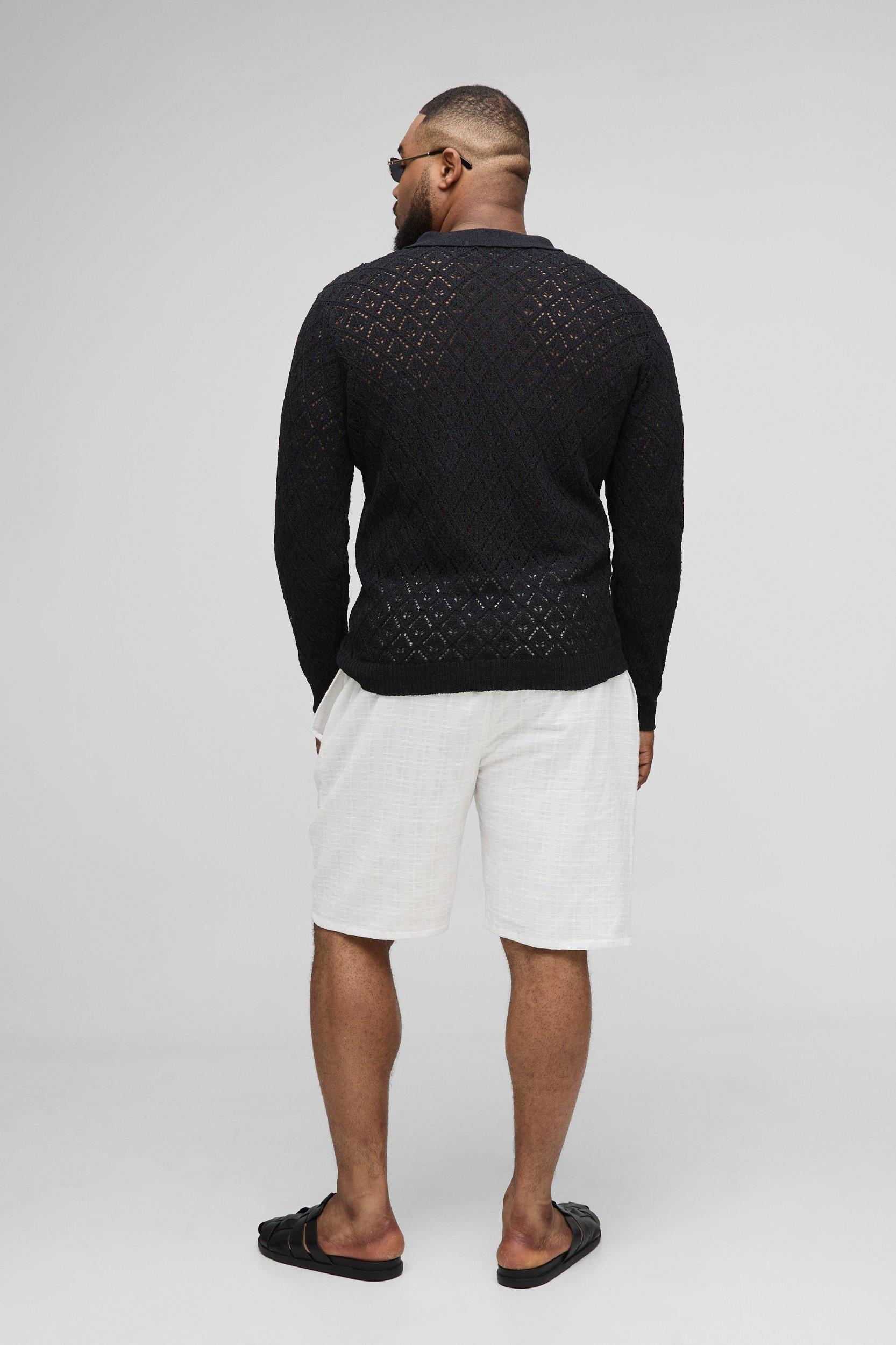 Plus Oversized Crochet Long Sleeve Polo Shirt | boohooMAN USA Product Image