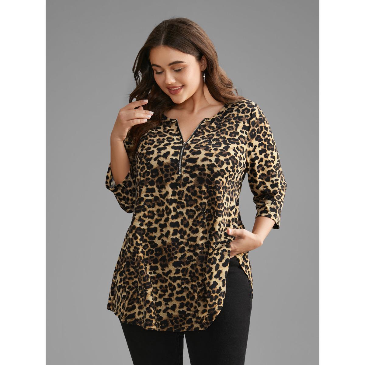 Plus Size Leopard Print Half Zipper Arc Hem T-shirt Leopard Women Casual Non Round Neck Loose Everyday T-shirts BloomChic 28/5X Product Image