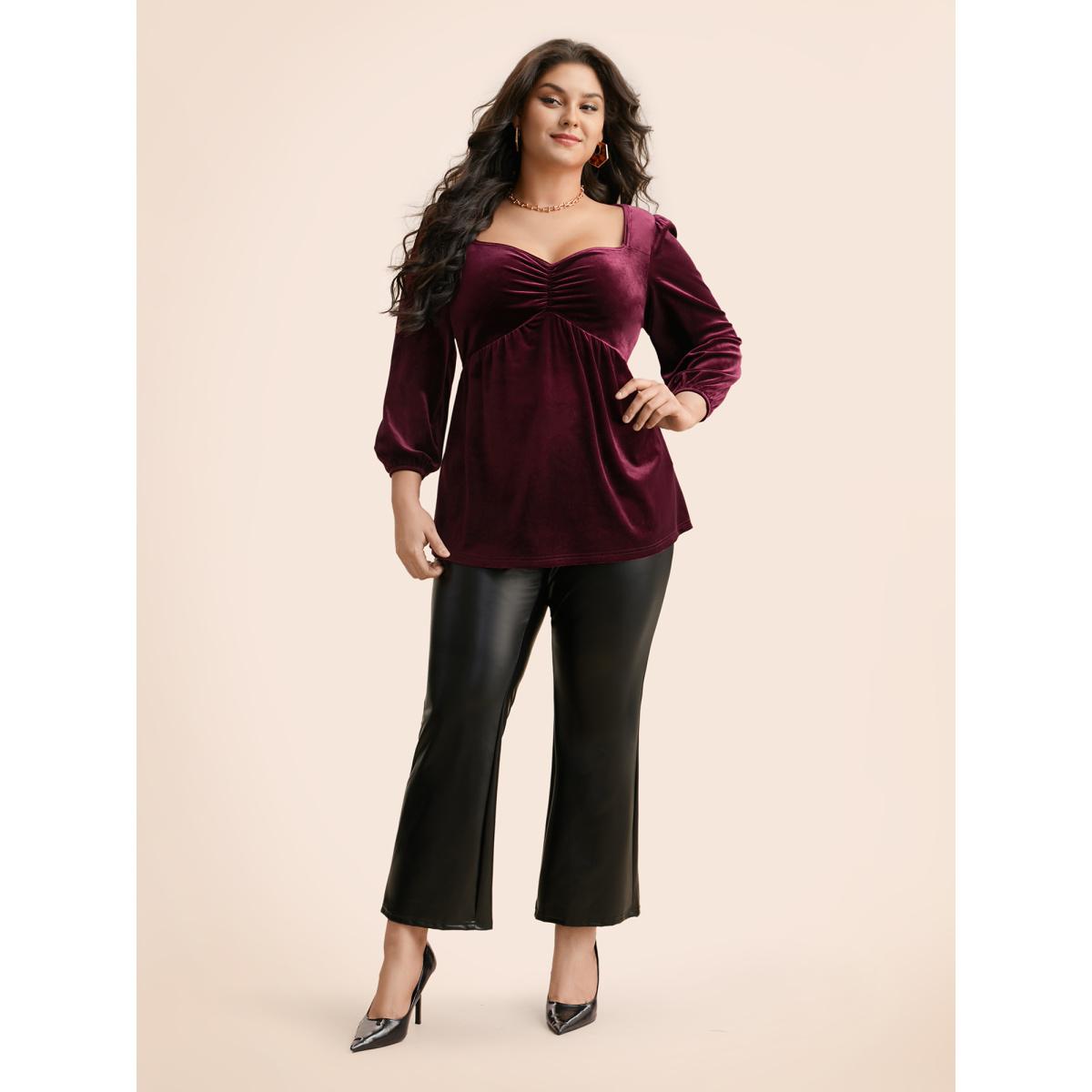 Plus Size Burgundy Velvet Heart Neckline Gathered Blouse Women Timeless Three Quarter Length Sleeve Heart neckline Elegant Blouses BloomChic 22-24/3X Product Image