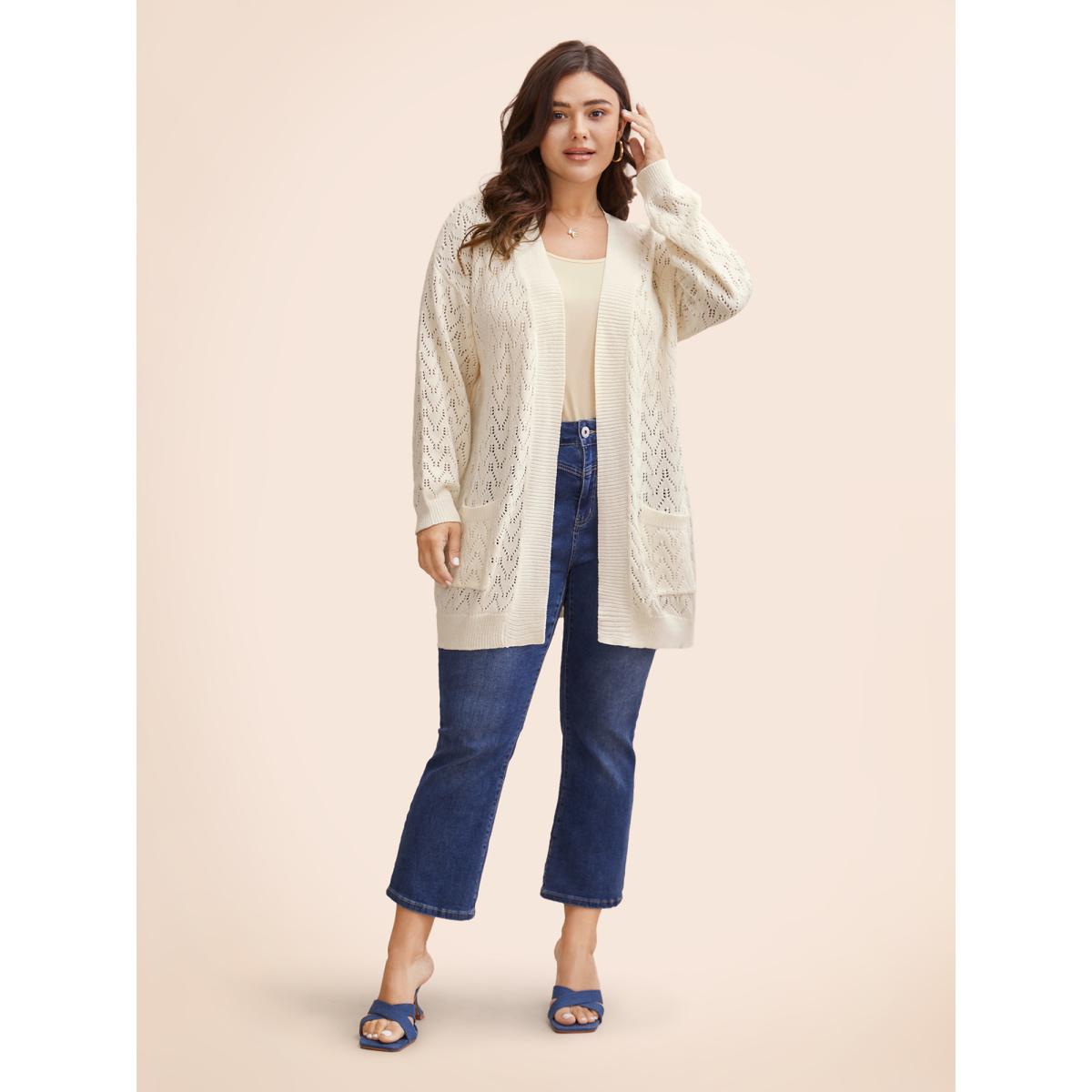 Plus Size Kimono Collar Patch Pocket Pointelle Knit Cardigan Beige Women Leisure Loose Long Sleeve Casual Cardigans BloomChic 28/5X Product Image