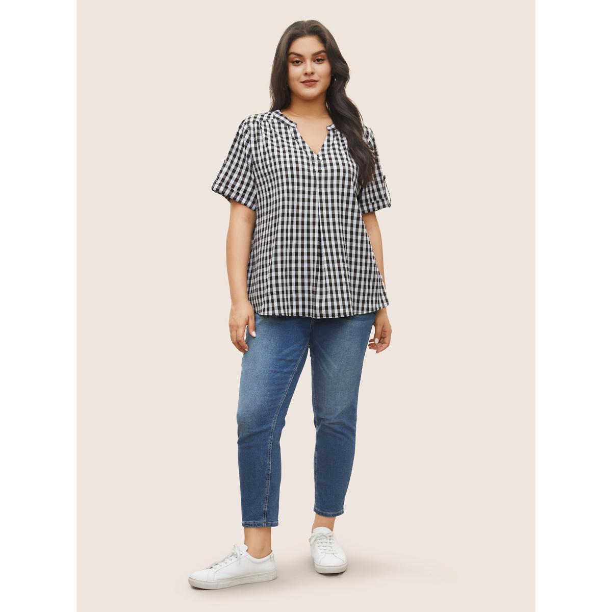 Plus Size Black Gingham Gathered Notched Tab Sleeve Blouse Women Casual Sleeveless Notched collar Everyday Blouses BloomChic 14-16/1X Product Image
