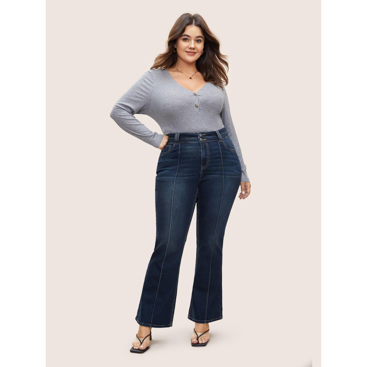 Plus Size Bootcut Seam Detail Button Up Full Length Jeans Women Indigo Casual Plain Non High stretch Slanted pocket Jeans BloomChic 20/2X Product Image