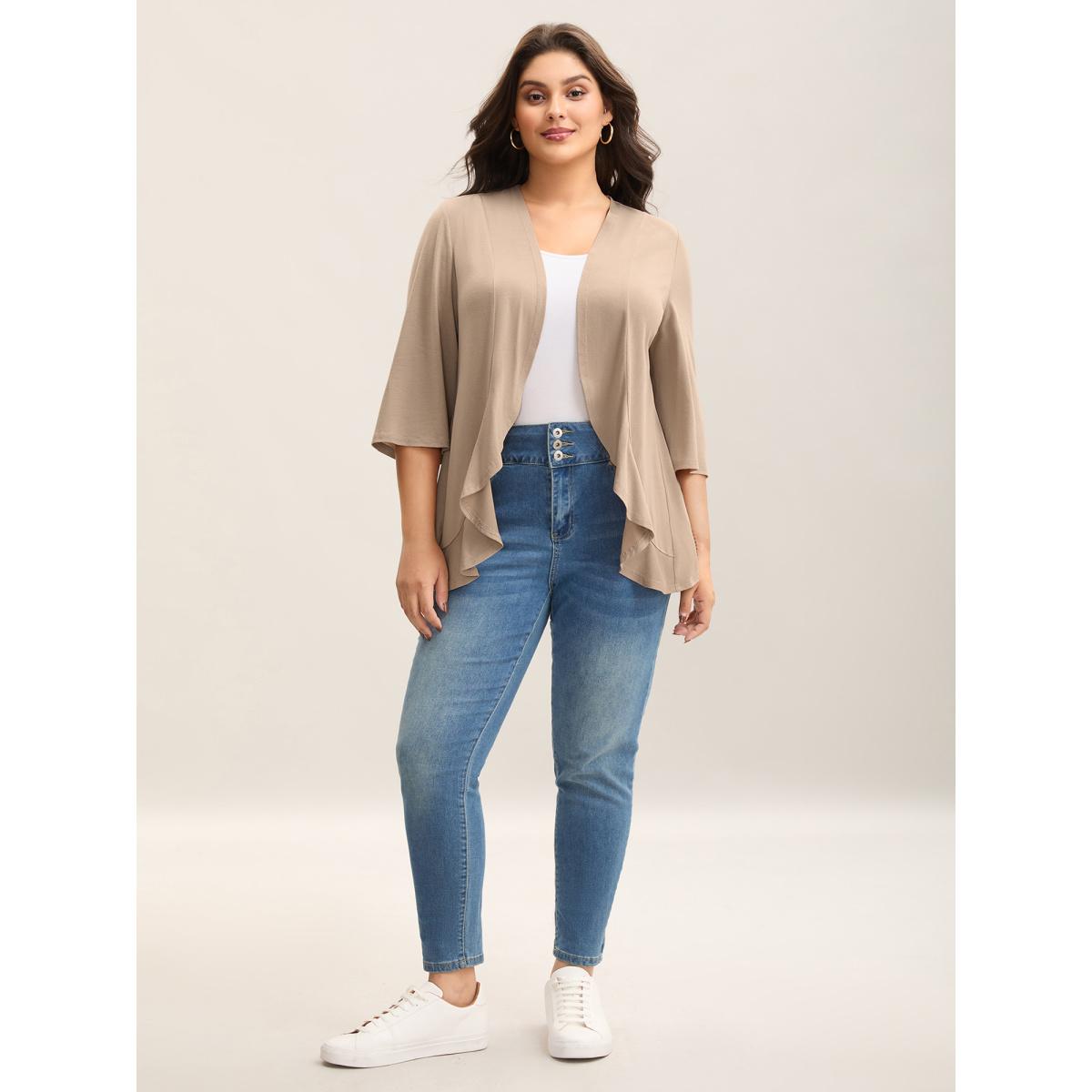 Plus Size Lotus Hem Curvy Kimono Cover-Up Women Tan Leisure Ruffles Casual Kimonos BloomChic 12/L Product Image