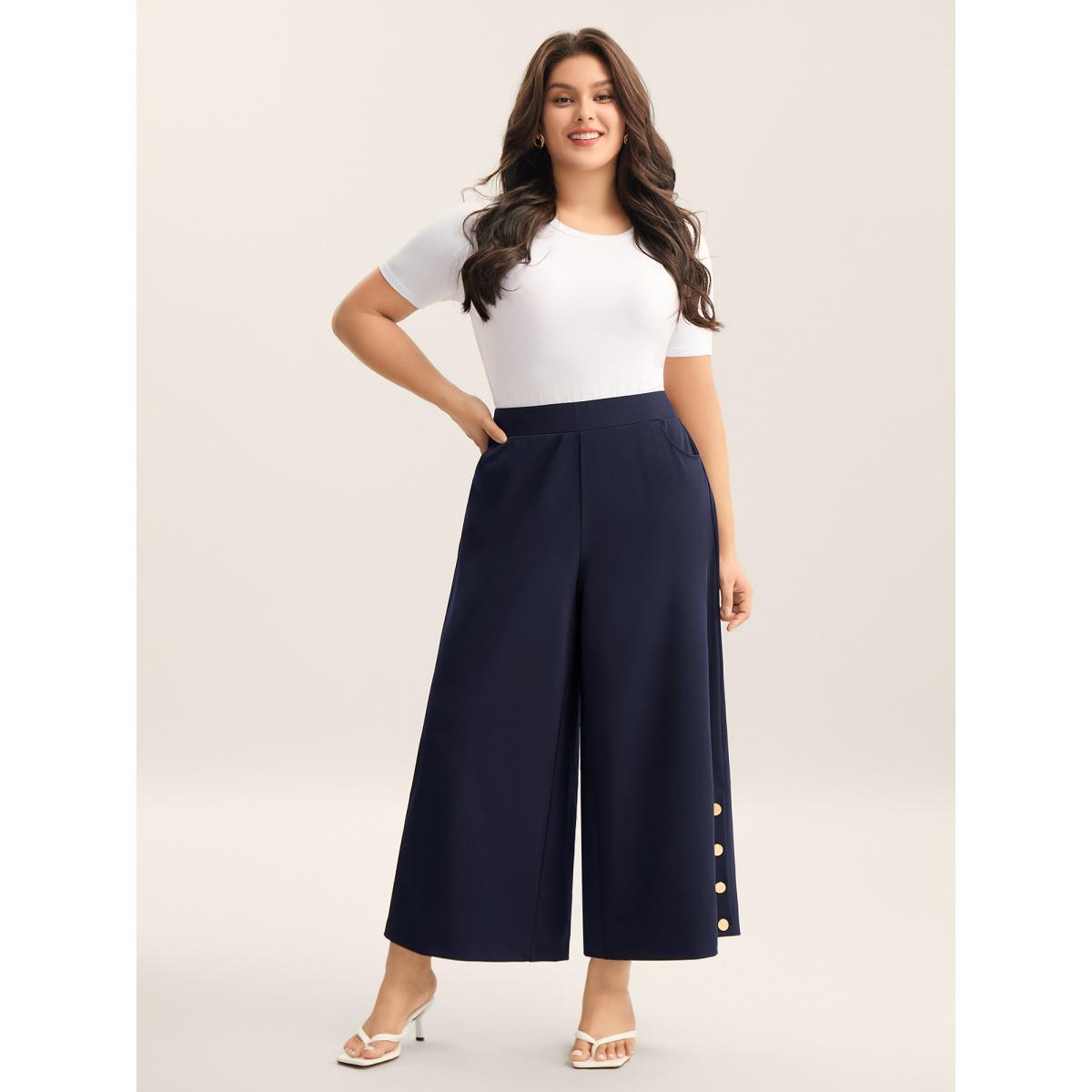 Plus Size Button Detail Wide-Leg Pull-On Pants Women Indigo Elegant Wide Leg Mid Rise Everyday-Elegant Pants BloomChic 14-16/1X Product Image