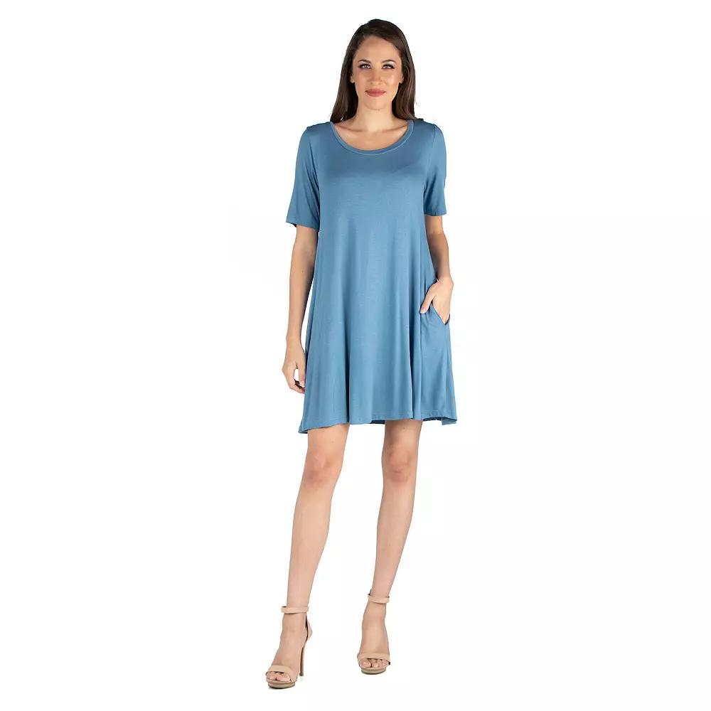 Women's 24seven Comfort Apparel Roundneck Flared Shirtdress with Pockets,  Product Image