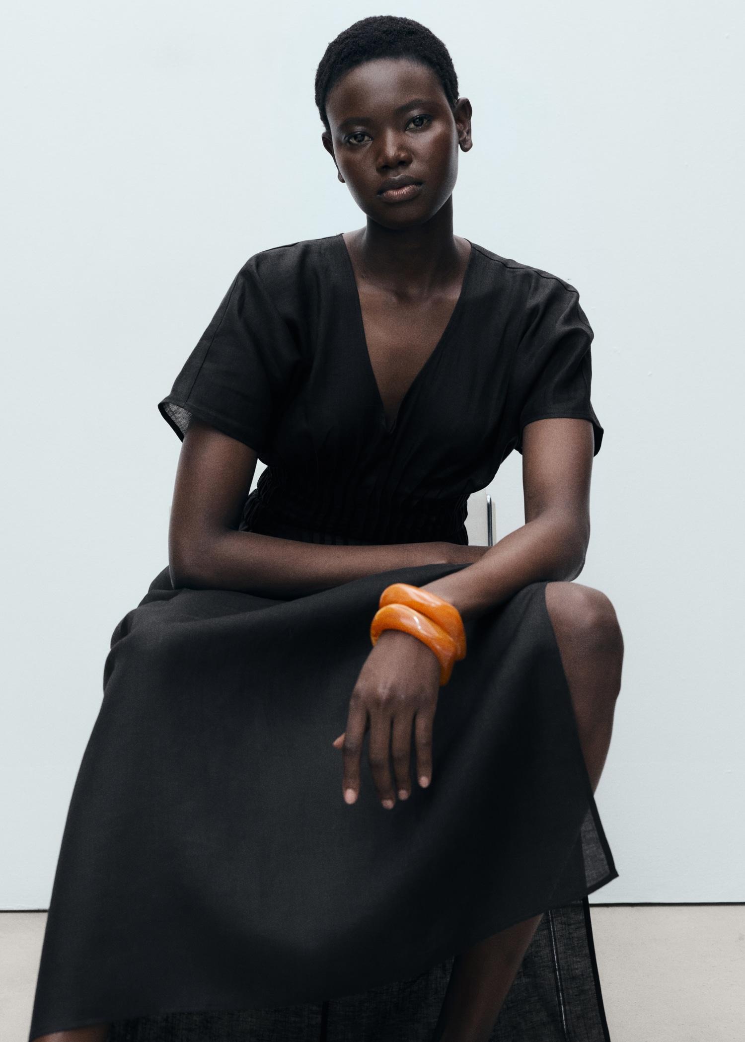 Long linen dress with gathered panel - Women | MANGO USA Product Image