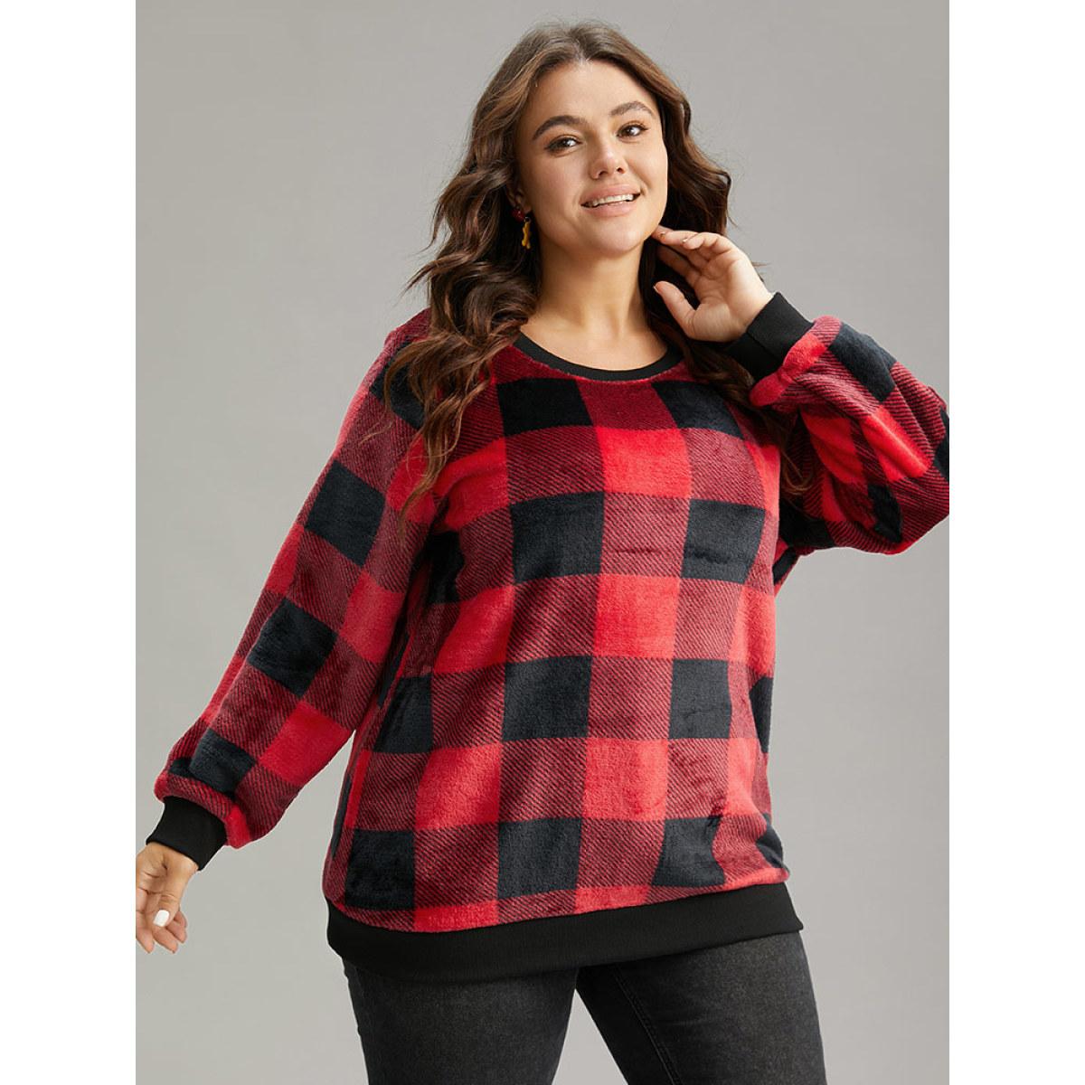 Plus Size Plaid Print Round Neck Fluffy Sweatshirt Women Scarlet Casual Rib Knit Round Neck Festival-Christmas Sweatshirts BloomChic 12/L Product Image