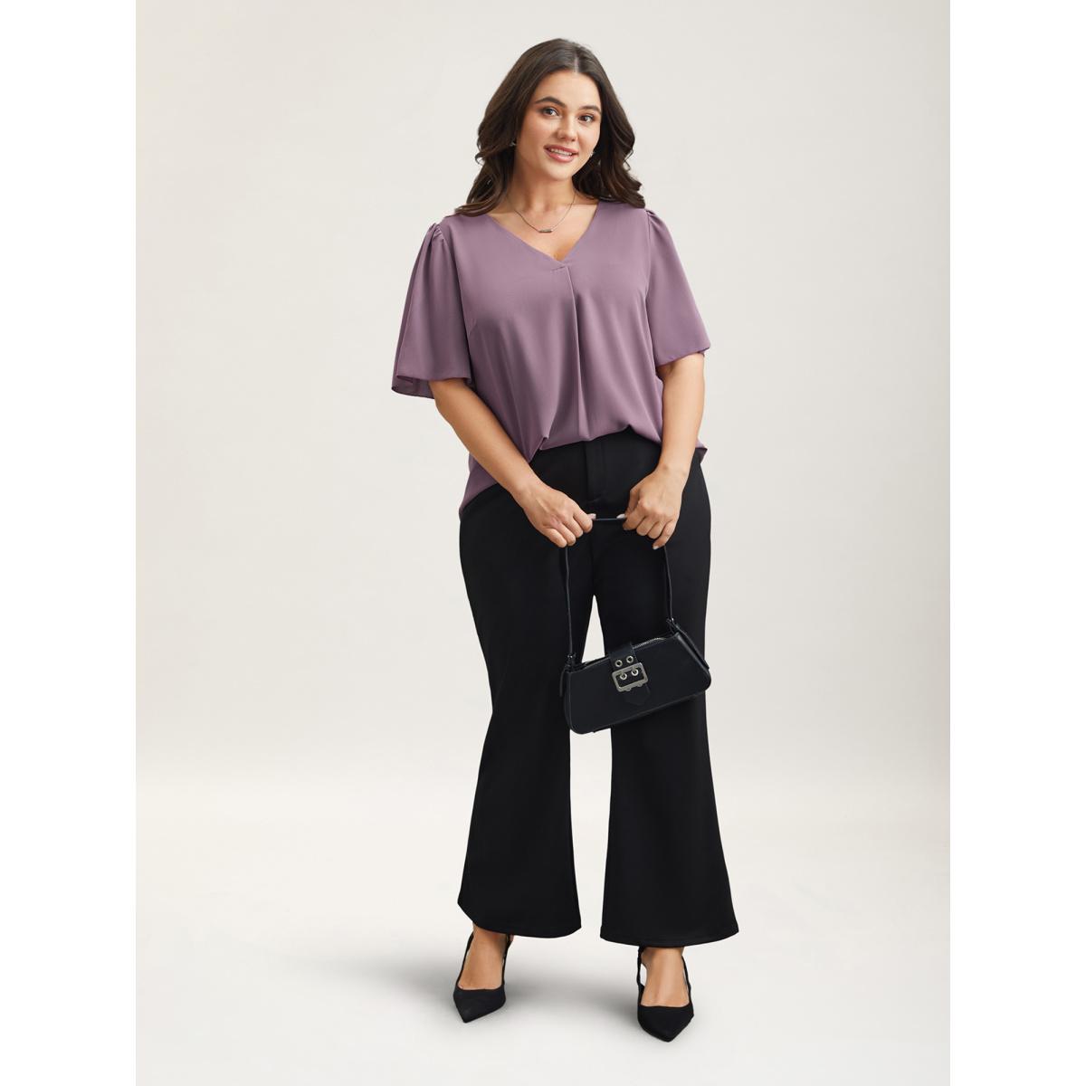 Plus Size Mauve Pleated-Front Flutter Sleeve Shirt Women At the Office Short sleeve V-neck Work Blouses BloomChic 30/6X Product Image