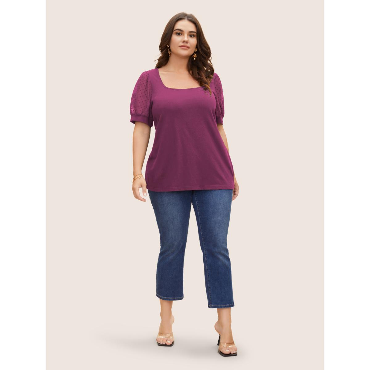 Plus Size Jacquard Decor Cotton Top RedViolet Women Elegant See through Square Neck Everyday T-shirts BloomChic 14-16/1X Product Image