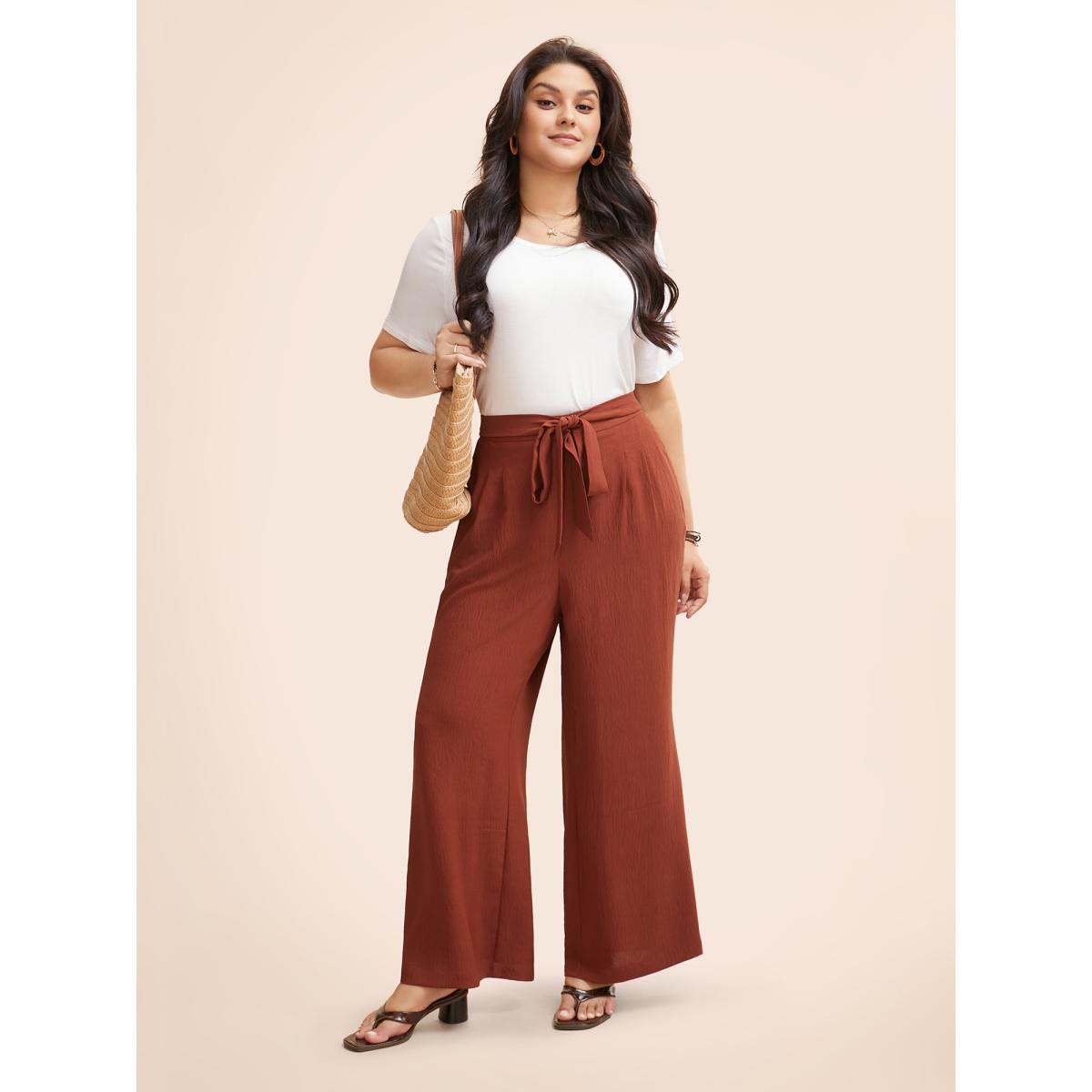 Plus Size Solid Tie Knot Wide Leg Pants Women Russet Resort Wide Leg Mid Rise Vacation Pants BloomChic 26/4X Product Image