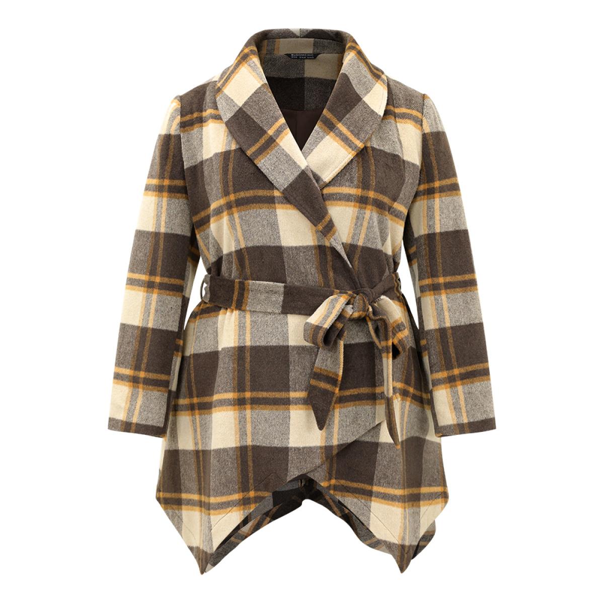 Plus Size Plaid Belted Lapel Collar Hanky Hem Coat Women DarkBrown Casual Belted Ladies Dailywear Winter Coats BloomChic 14-16/1X Product Image
