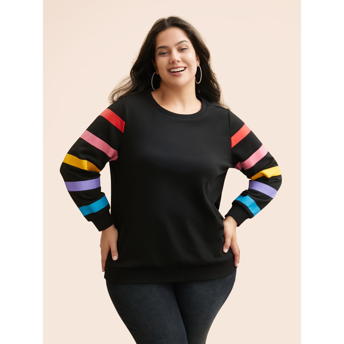 Plus Size Colored Striped Patchwork Slightly Stretchy Sweatshirt Women Black Casual Contrast Non Everyday Sweatshirts BloomChic 26/4X Product Image