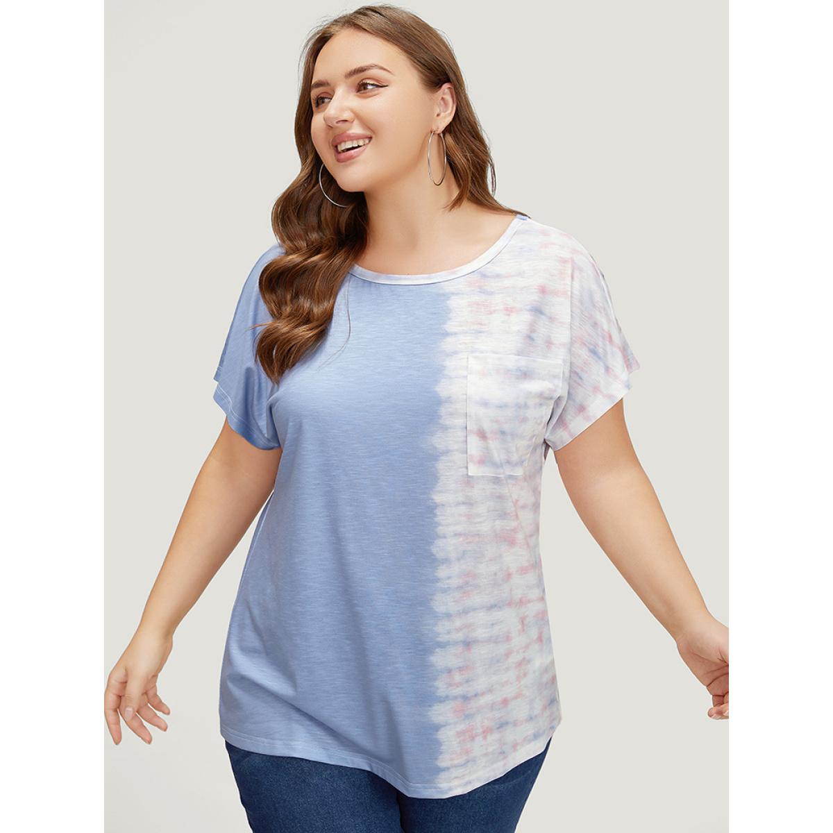 Plus Size Tie Dye Batwing Sleeve Cut Out Two Tone T-shirt Multicolor Women Casual Contrast Colorblock Round Neck Dailywear T-shirts BloomChic 18-20/2X Product Image