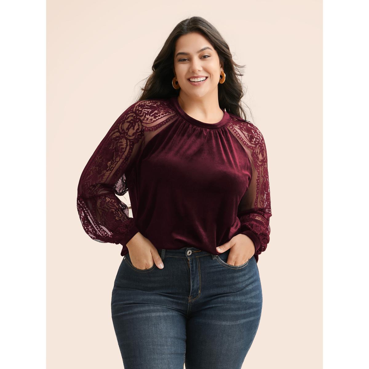 Plus Size Burgundy Lace Patchwork Velvet Raglan Sleeve Blouse Women Elegant Long Sleeve Stand-up collar Everyday Blouses BloomChic 10/M Product Image