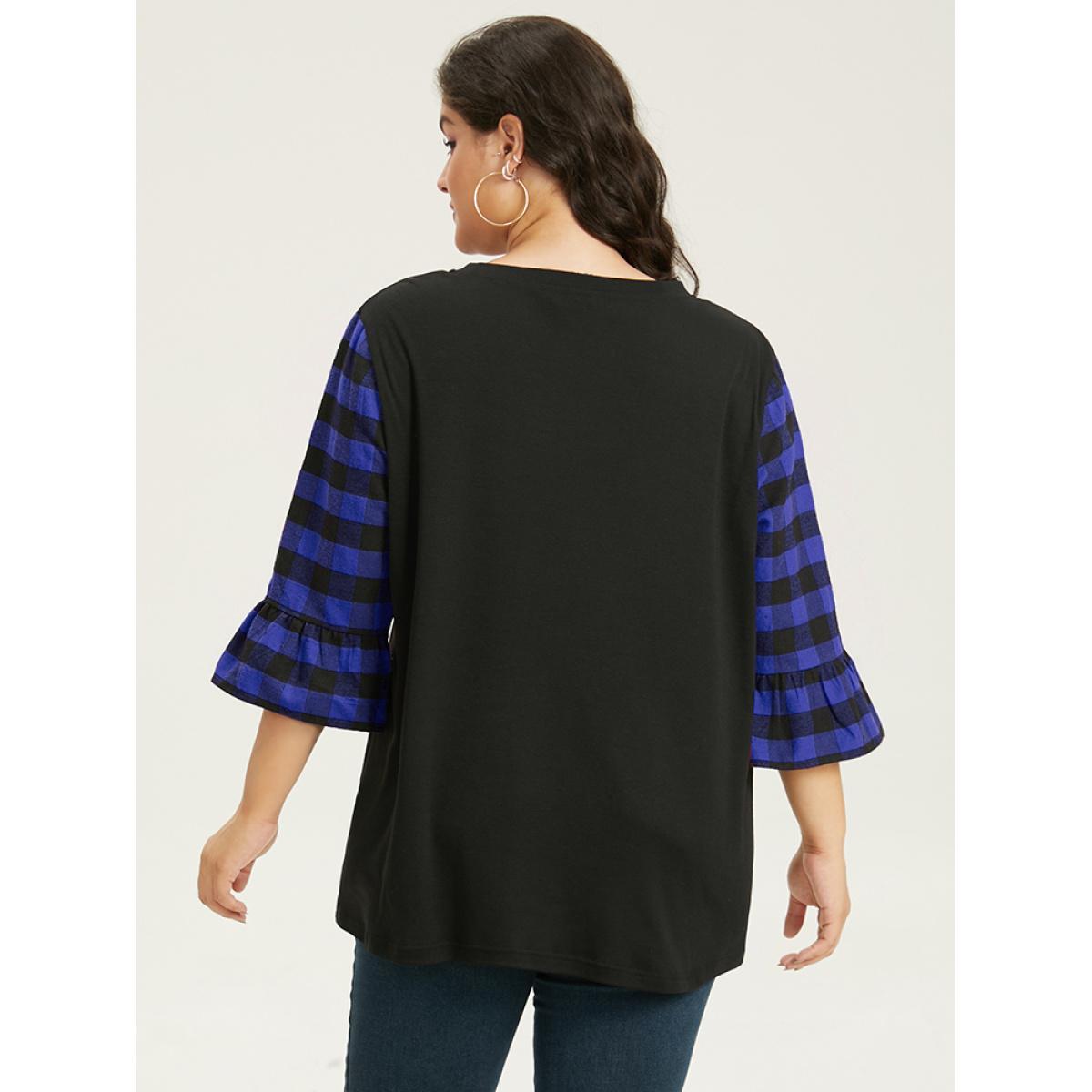 Plus Size Plaid Patched Pocket Patchwork Contrast Bell Sleeve T-shirt Blue Women Casual Contrast Plaid Round Neck Dailywear T-shirts BloomChic 12/L Product Image